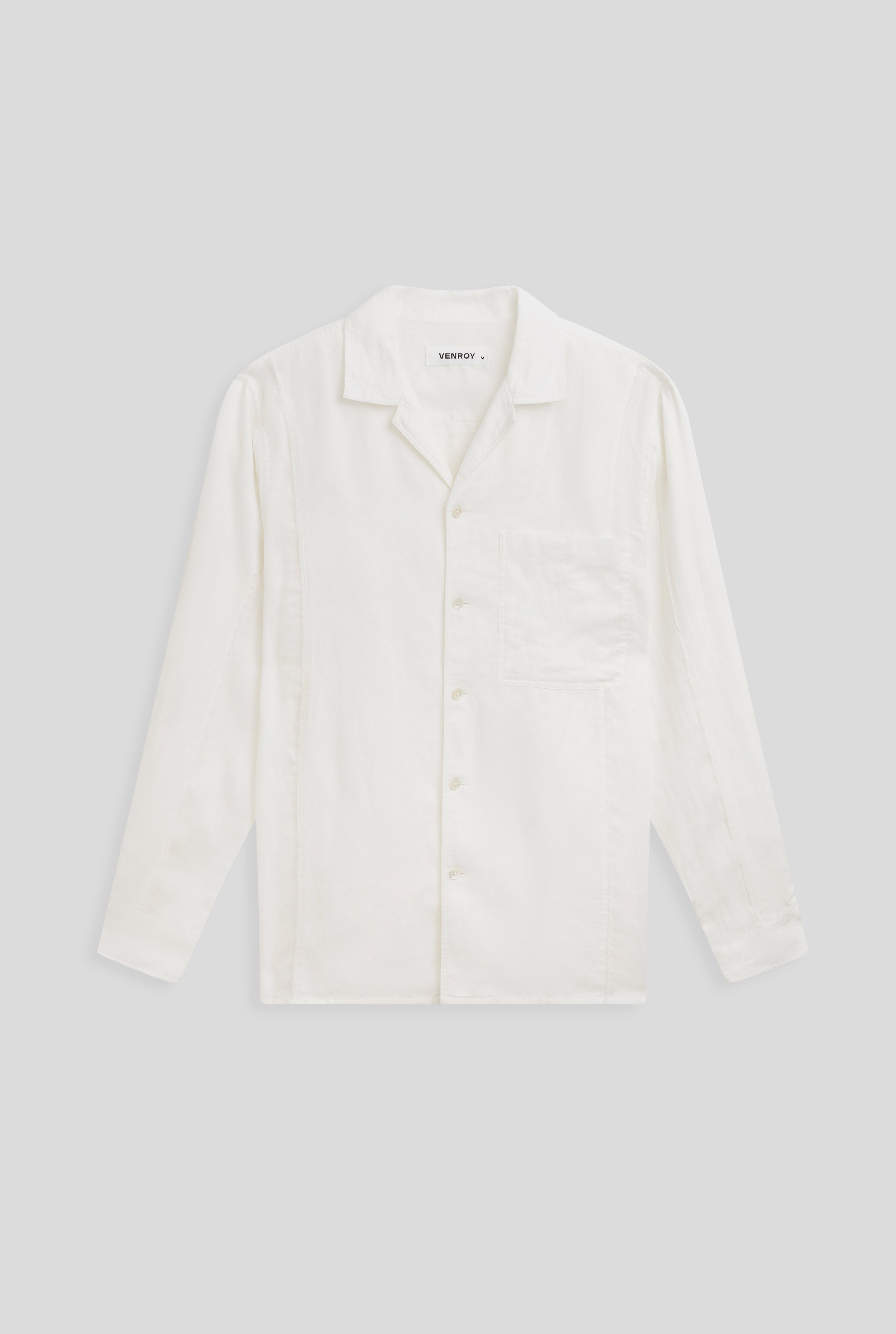 Long Sleeve Frayed Border Camp Collar Shirt - Off White