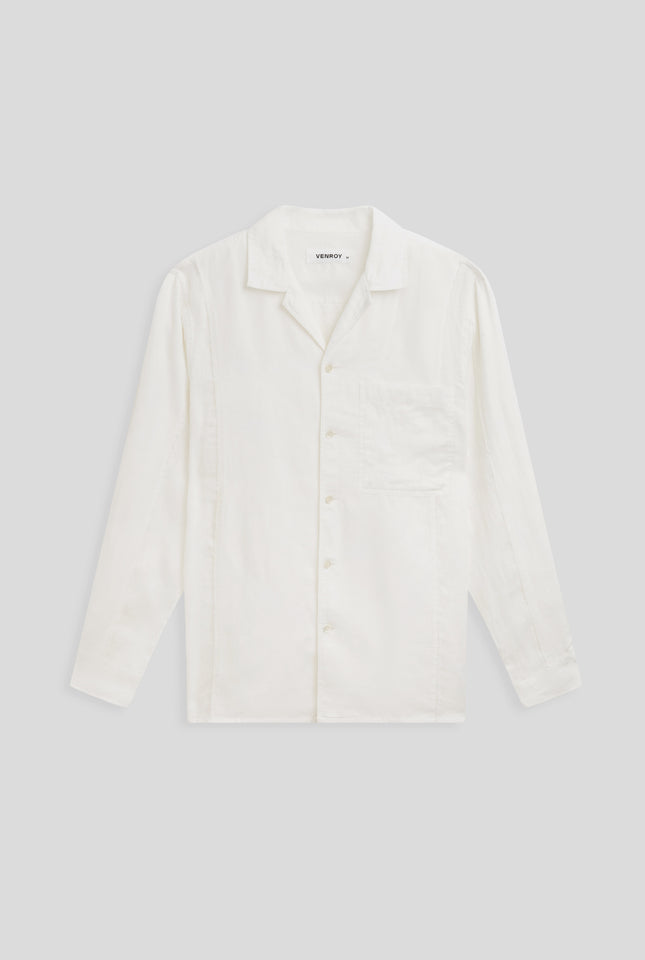 Long Sleeve Frayed Border Camp Collar Shirt - Off White