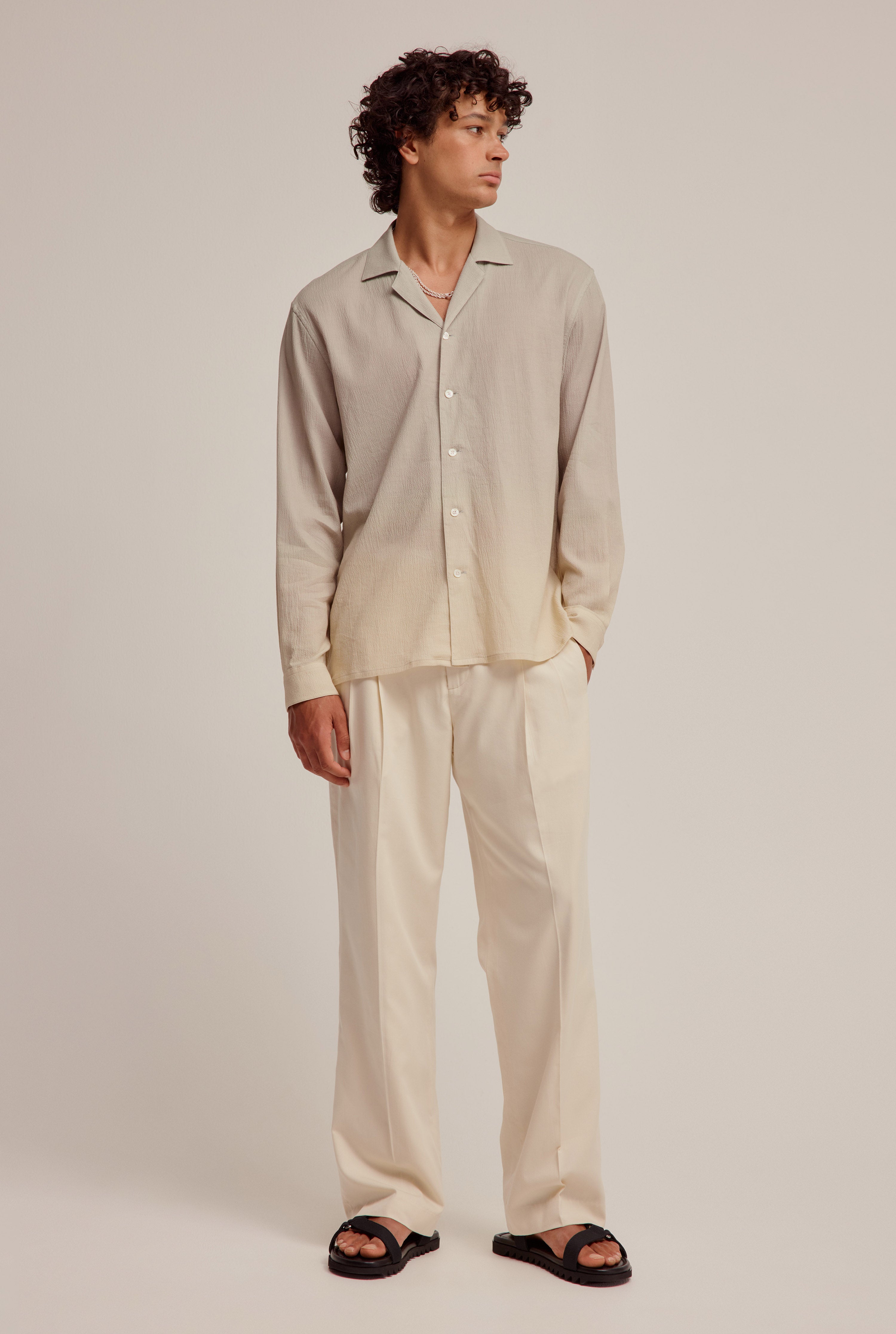 Long Sleeve Cotton Camp Collar Shirt - Fog/Sand Gradient