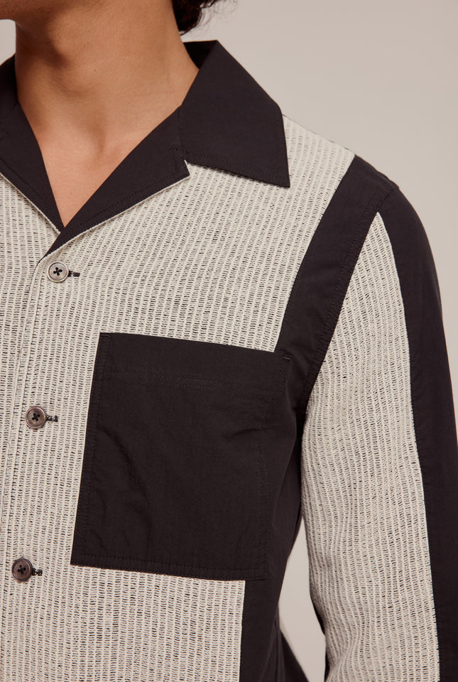 Long Sleeve Cotton Panelled Camp Collar Shirt - Black/Cream