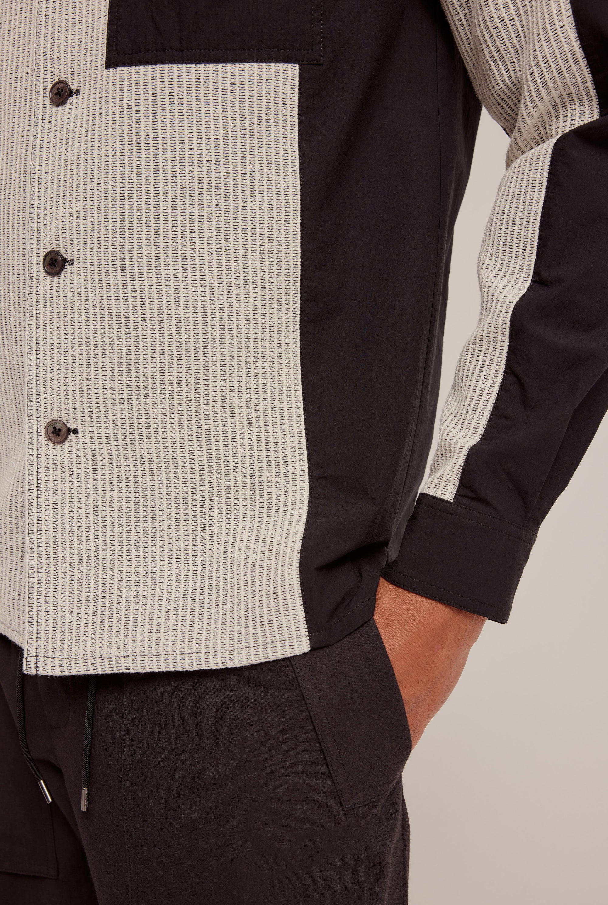 Long Sleeve Cotton Panelled Camp Collar Shirt - Black/Cream
