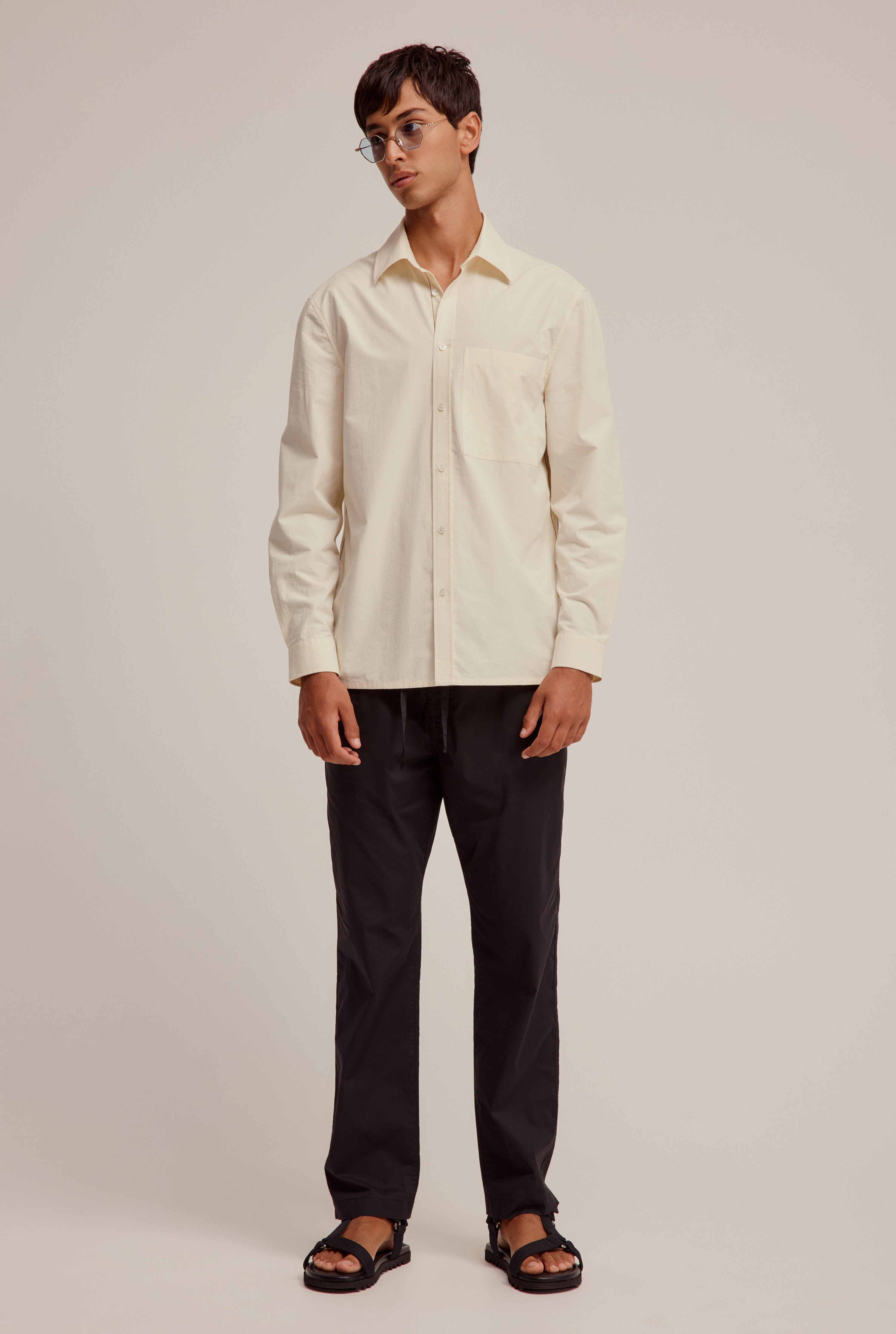 Long Sleeve Cotton Stitch Detail Shirt - Cream