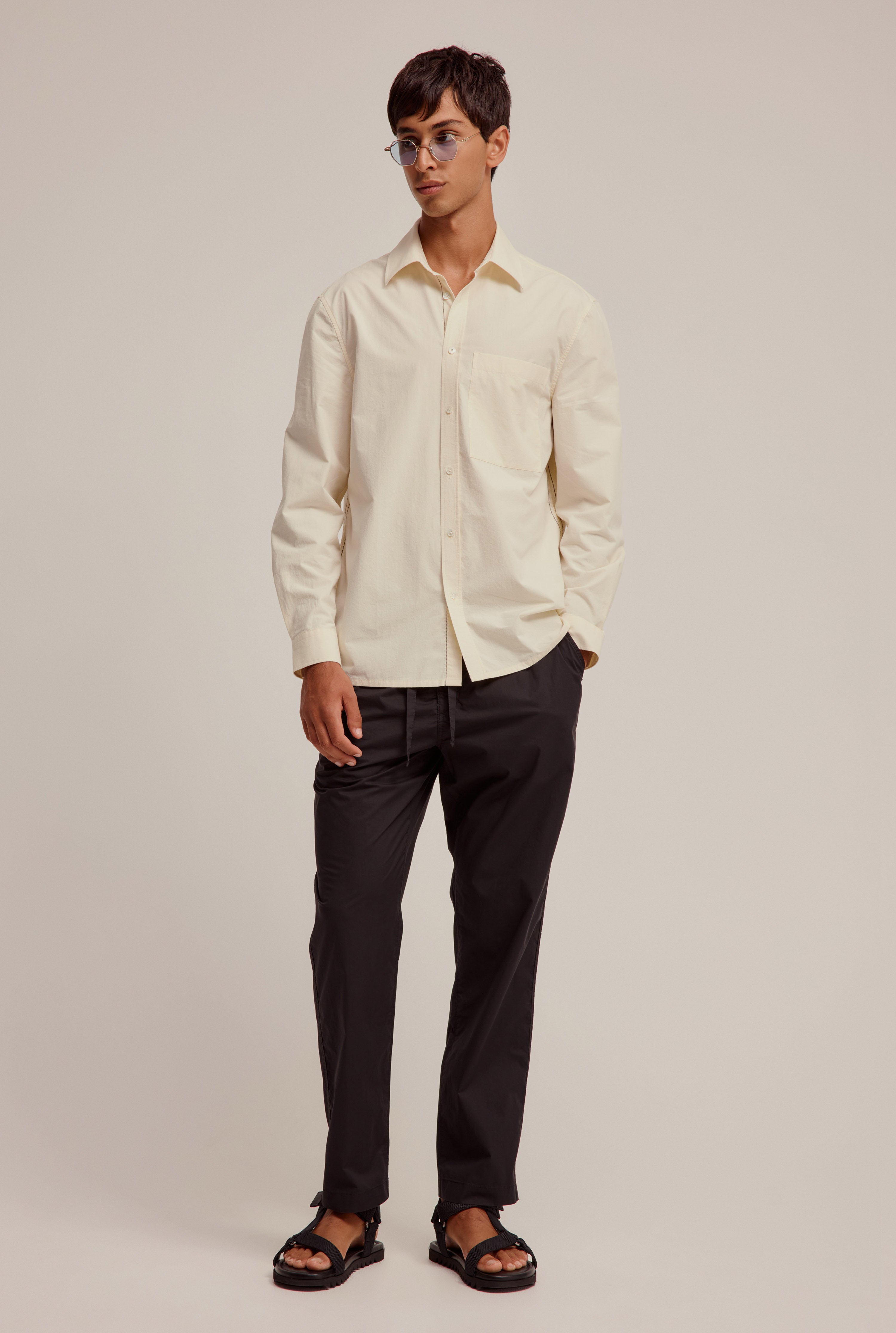 Long Sleeve Cotton Stitch Detail Shirt - Cream