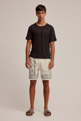 Printed Relaxed Linen Short - Cream/Sage Venroy Squiggle