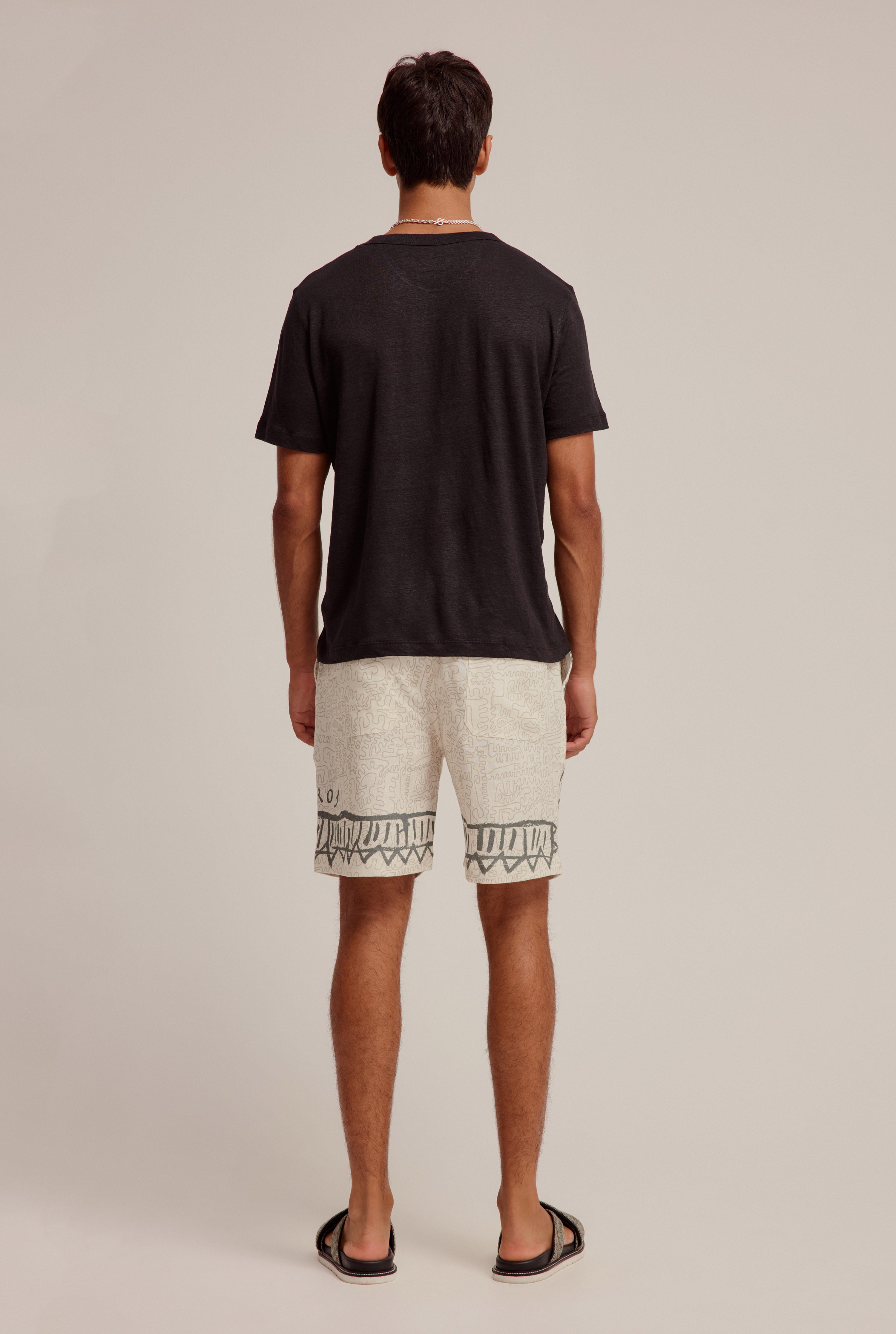 Printed Relaxed Linen Short - Cream/Sage Venroy Squiggle