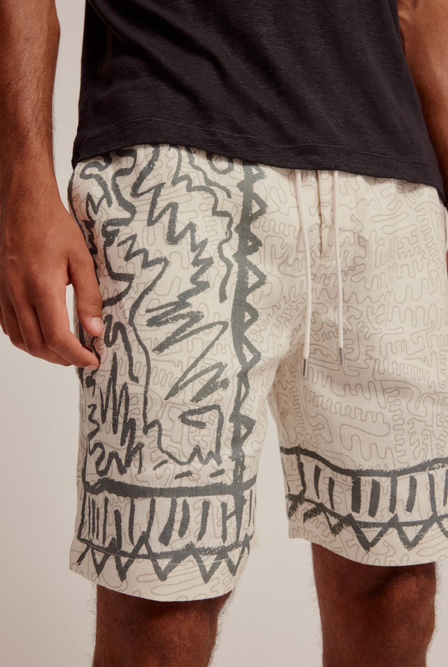 Printed Relaxed Linen Short - Cream/Sage Venroy Squiggle