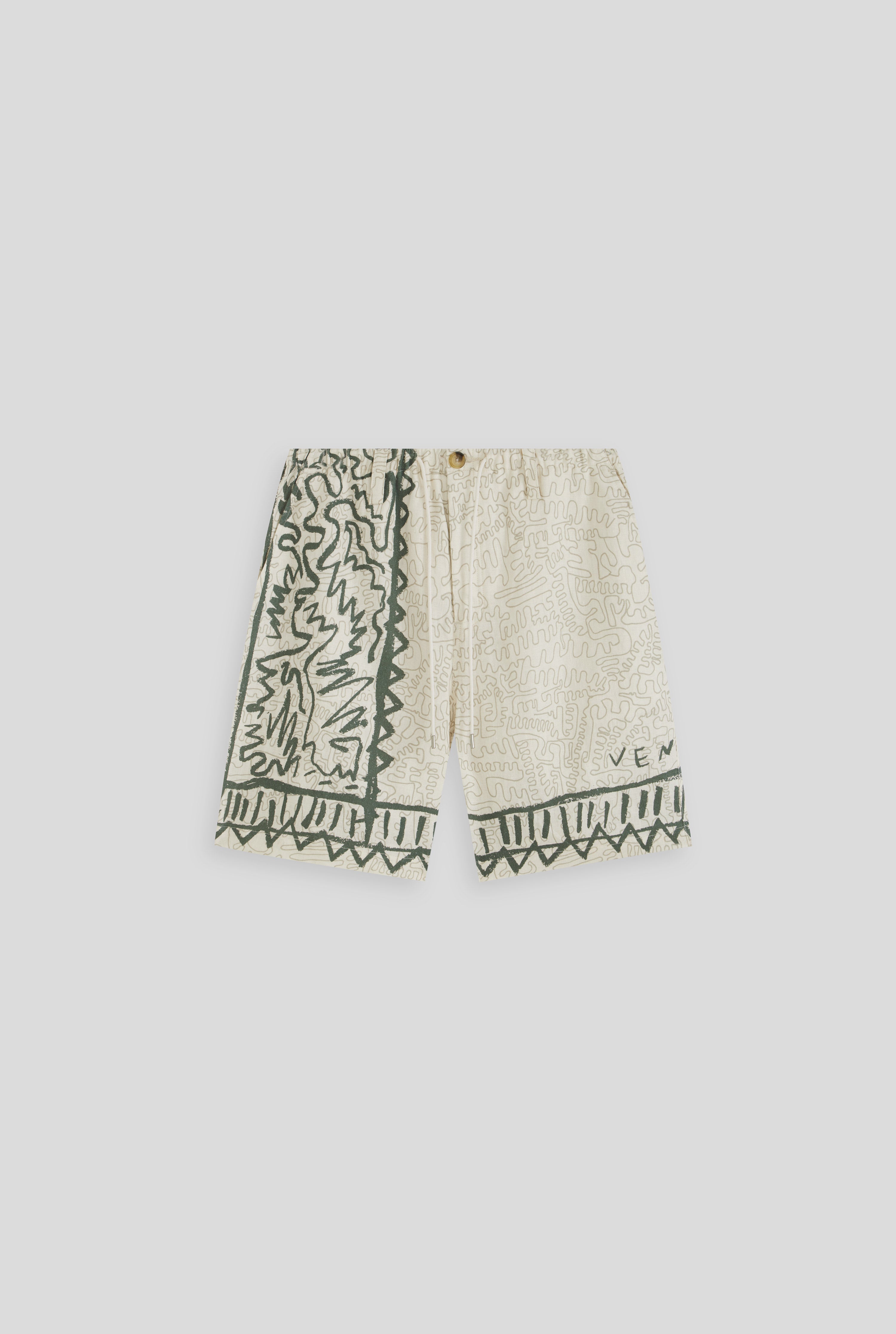 Printed Relaxed Linen Short - Cream/Sage Venroy Squiggle