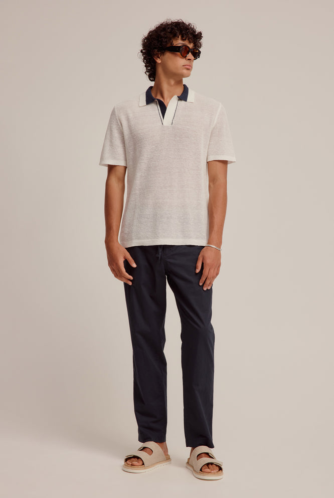 Contrast Rib Knit Open Neck Polo - Off White/Navy