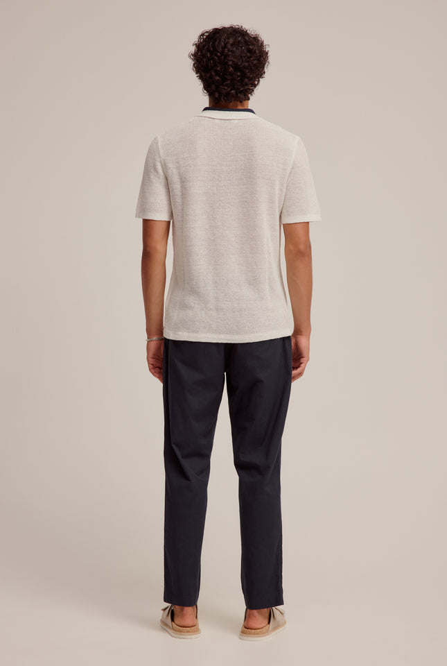 Contrast Rib Knit Open Neck Polo - Off White/Navy