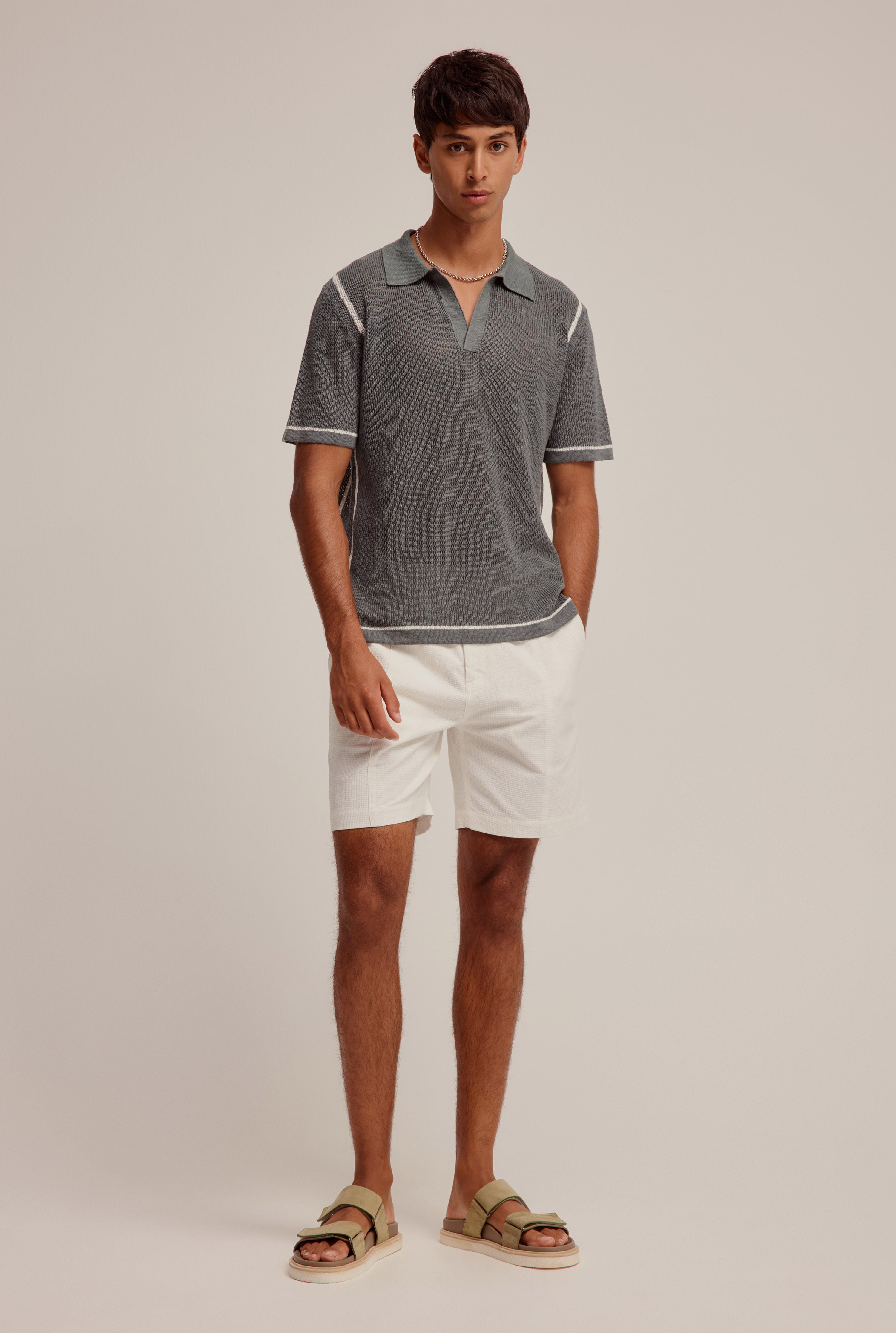 Rib Knit Open Neck Polo - Slate Green/Off White Border