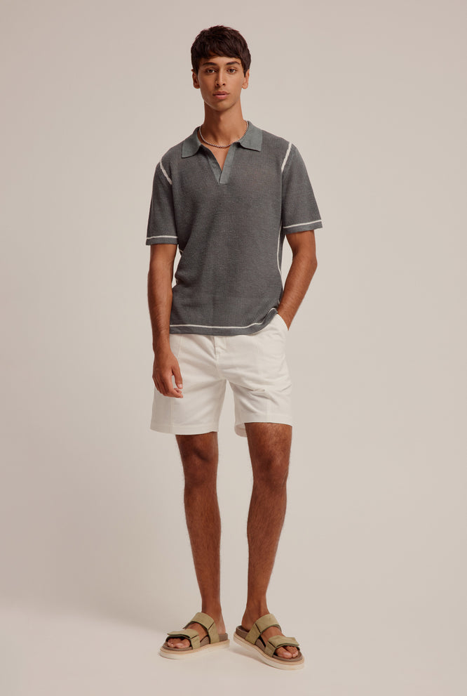 Rib Knit Open Neck Polo - Taupe