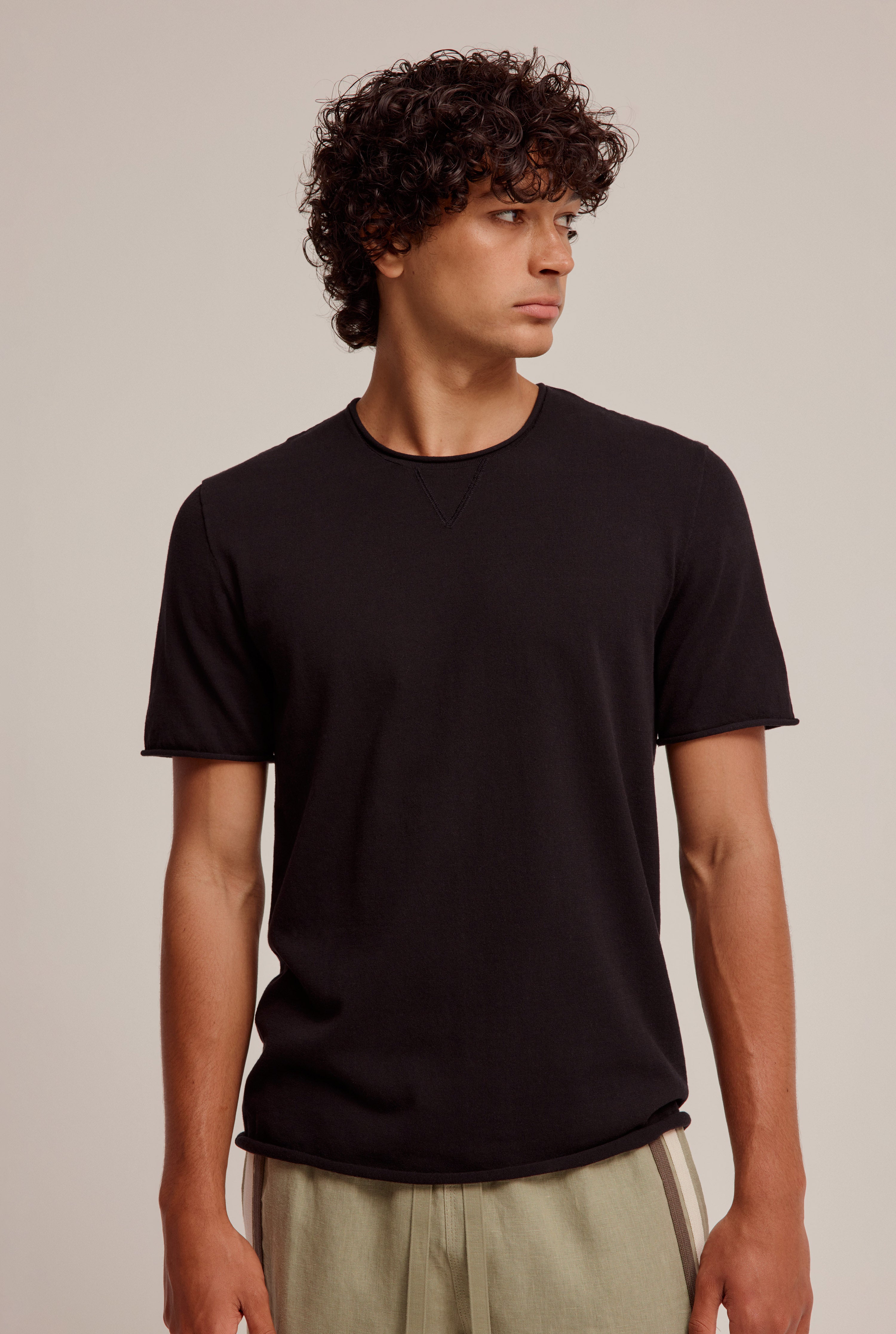 Rolled Edge Cotton Knit T Shirt - Black