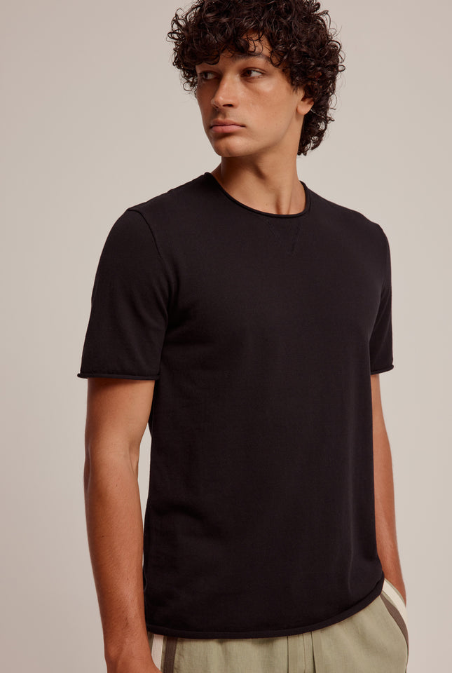 Rolled Edge Cotton Knit T Shirt - Black