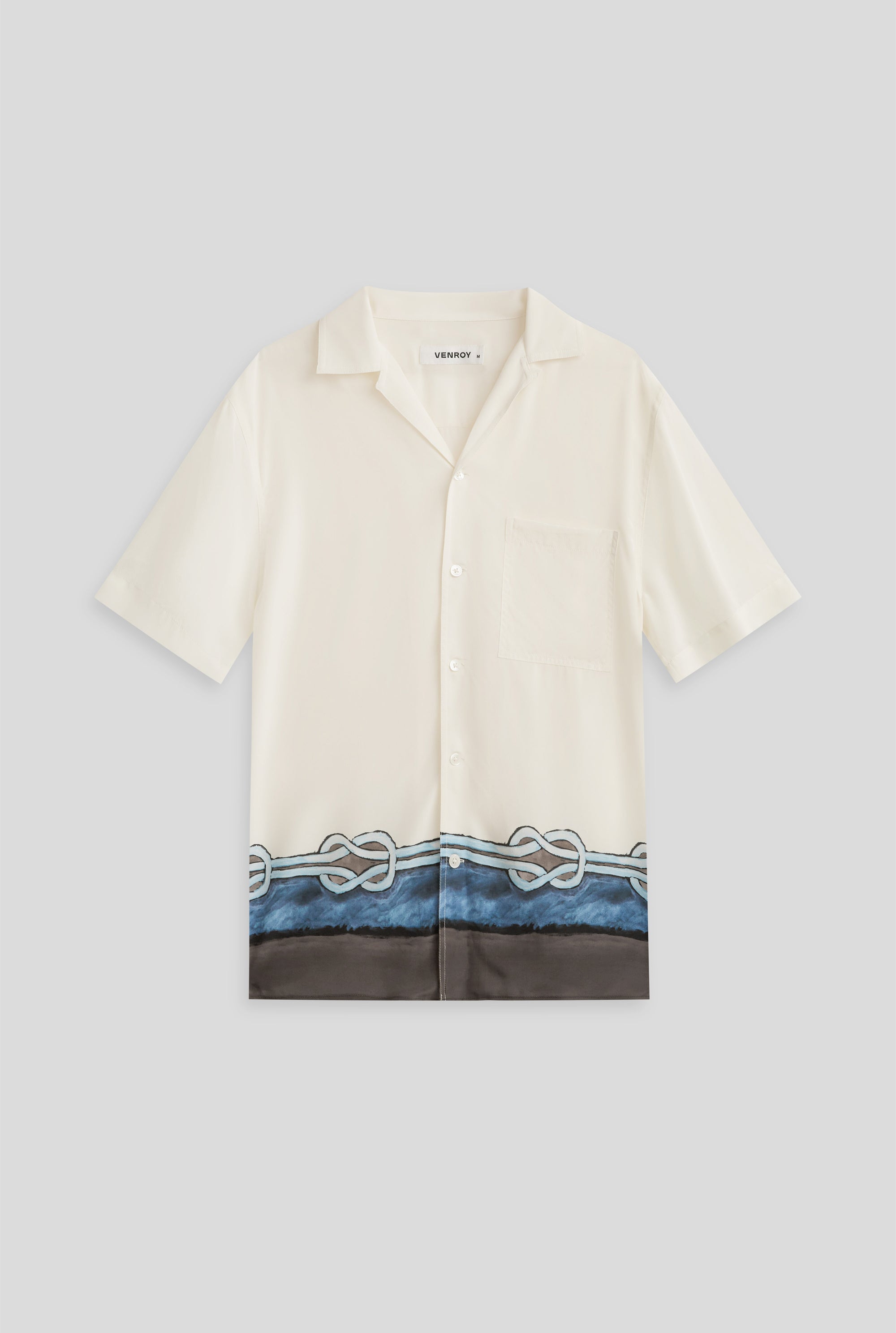 Short Sleeve Silk Camp Collar Shirt - Cream Knot Border