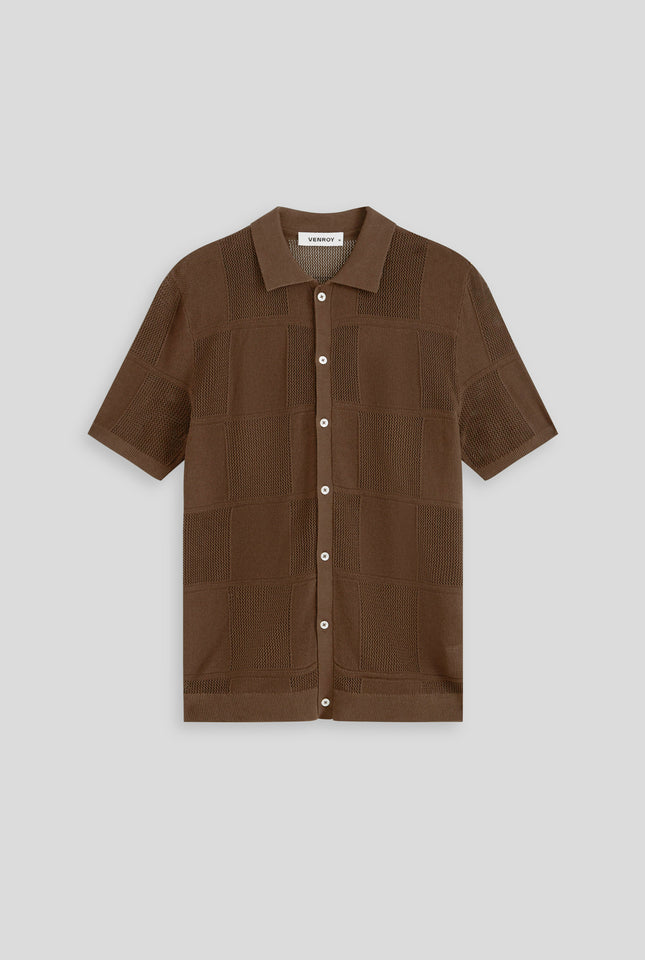 Short Sleeve Check Knit Shirt - Olive