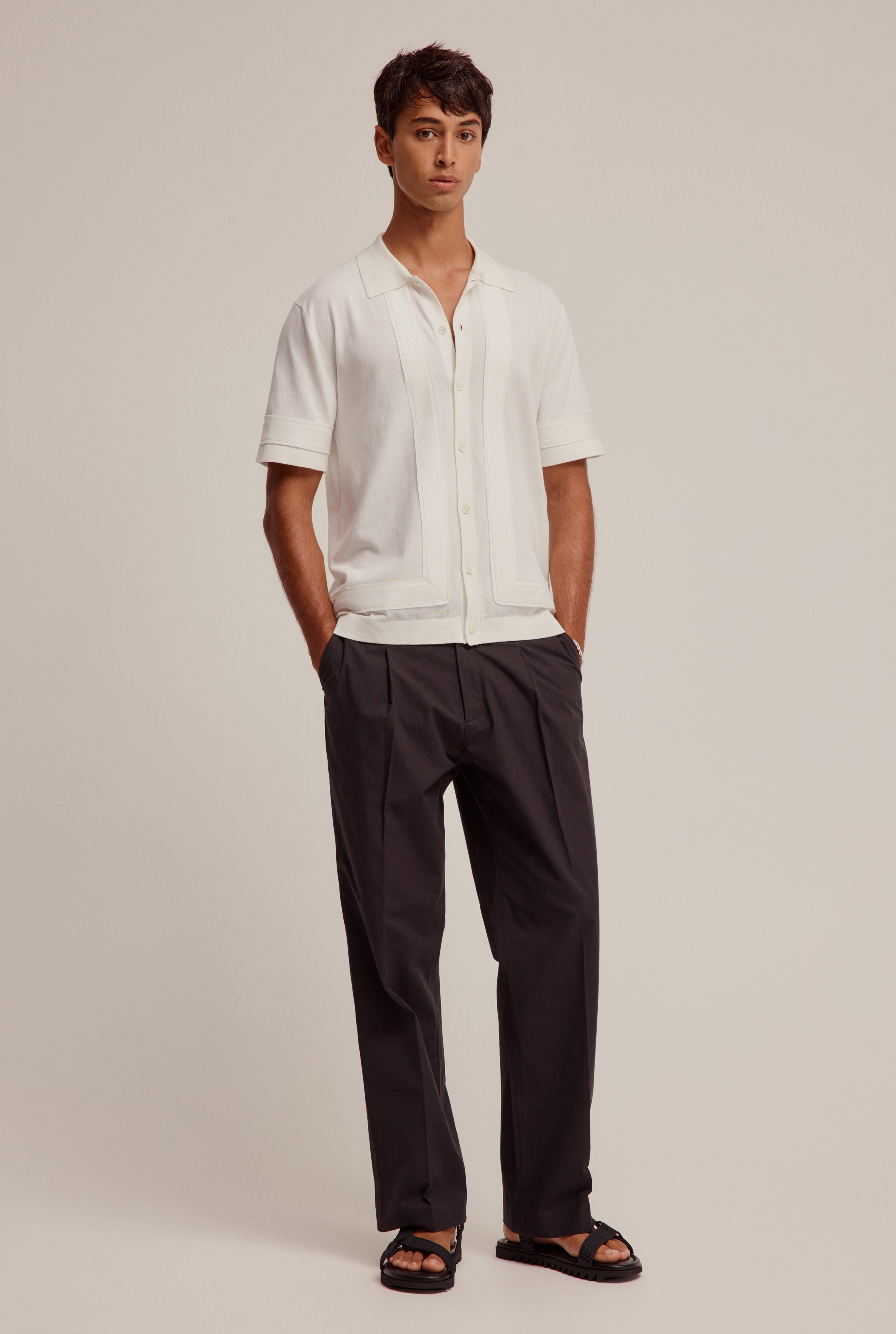 Short Sleeve Knitted Frayed Border Shirt - Off White