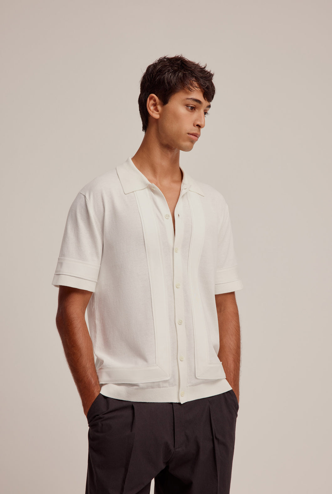 Short Sleeve Knitted Frayed Border Shirt - Off White