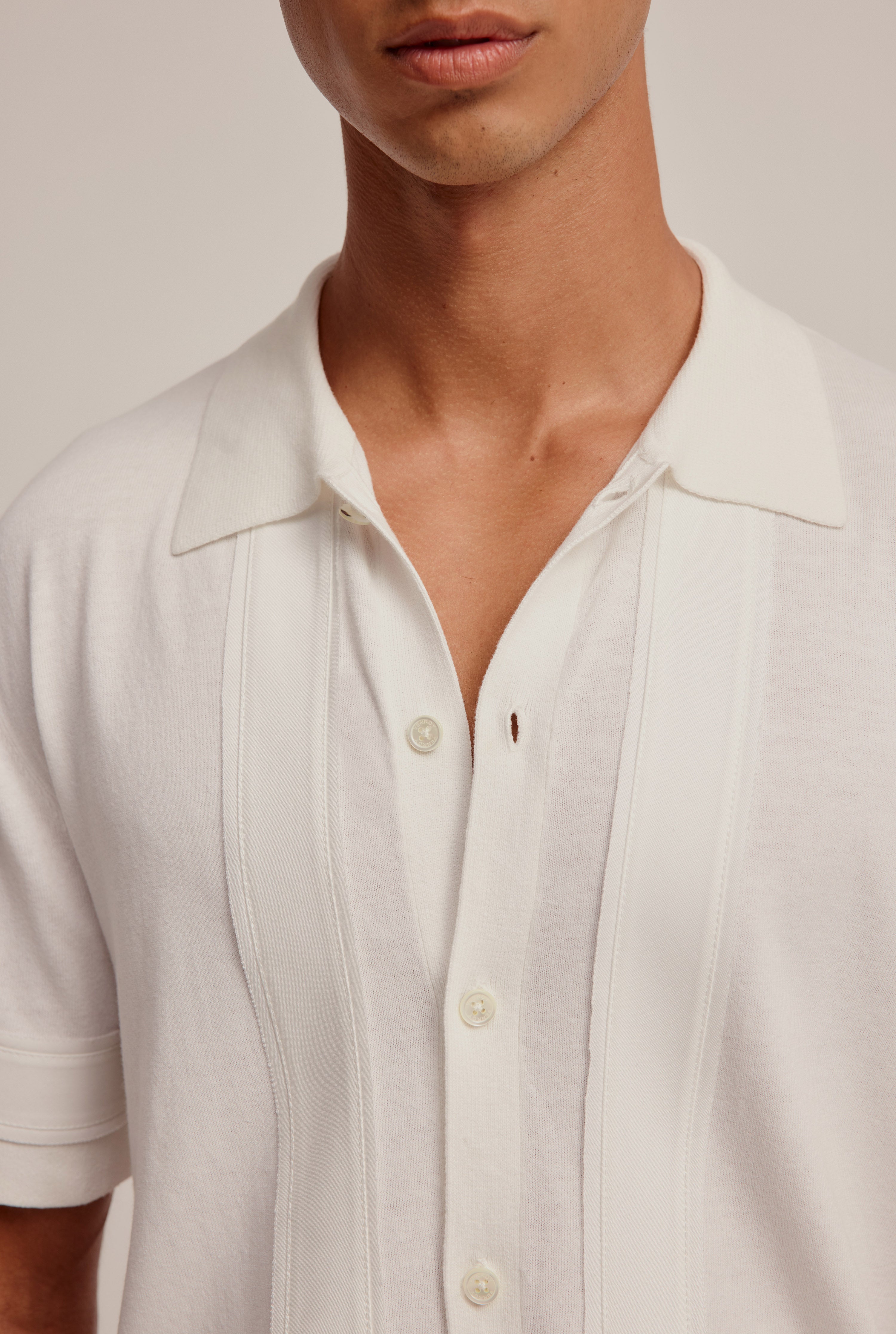 Short Sleeve Knitted Frayed Border Shirt - Off White