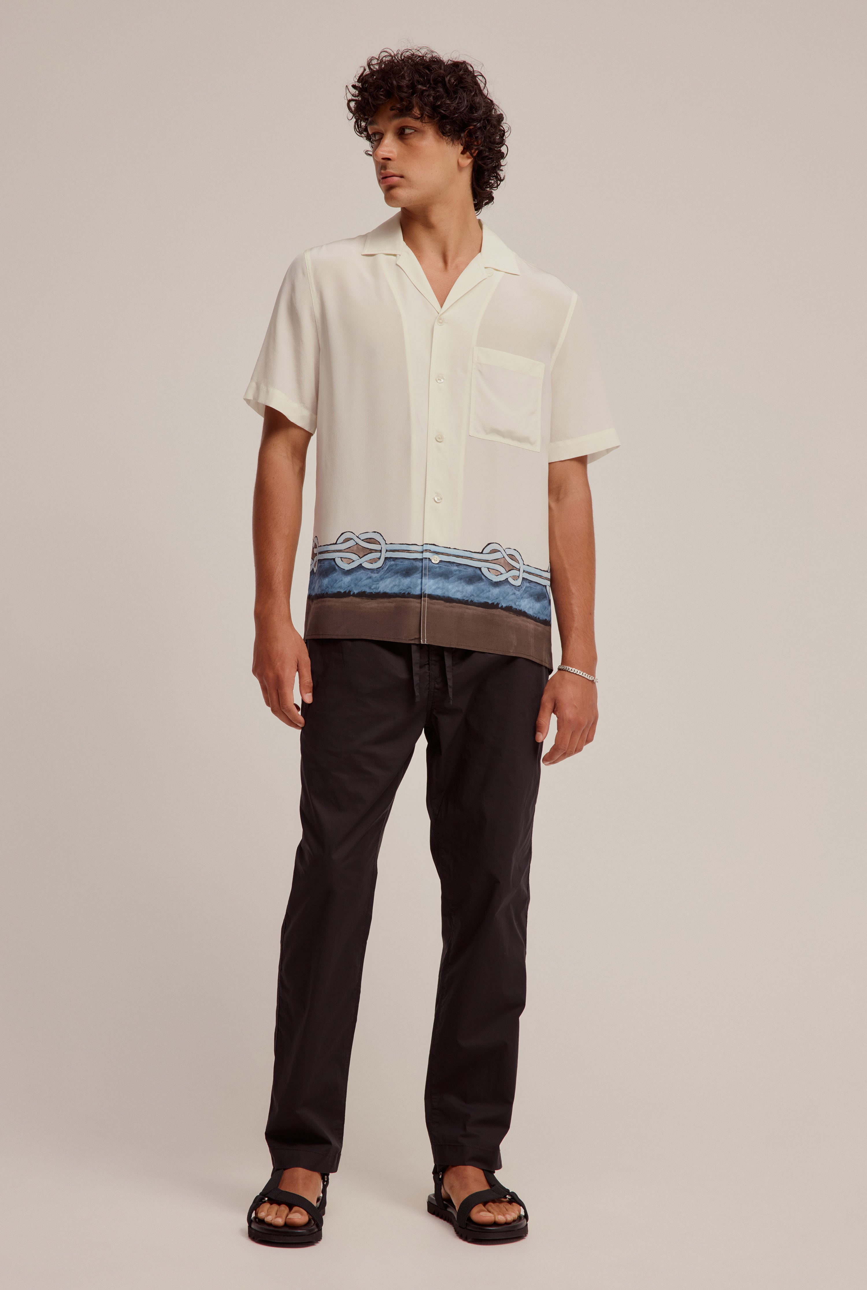 Short Sleeve Silk Camp Collar Shirt - Cream Knot Border