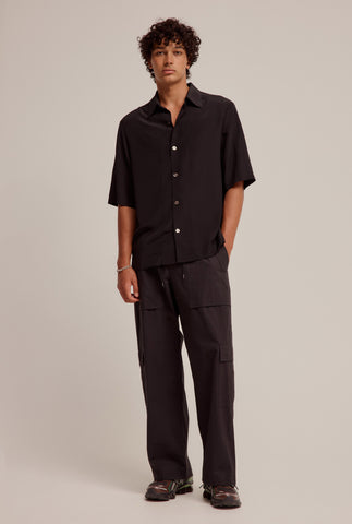 Short Sleeve Silk Panelled Shirt - Black