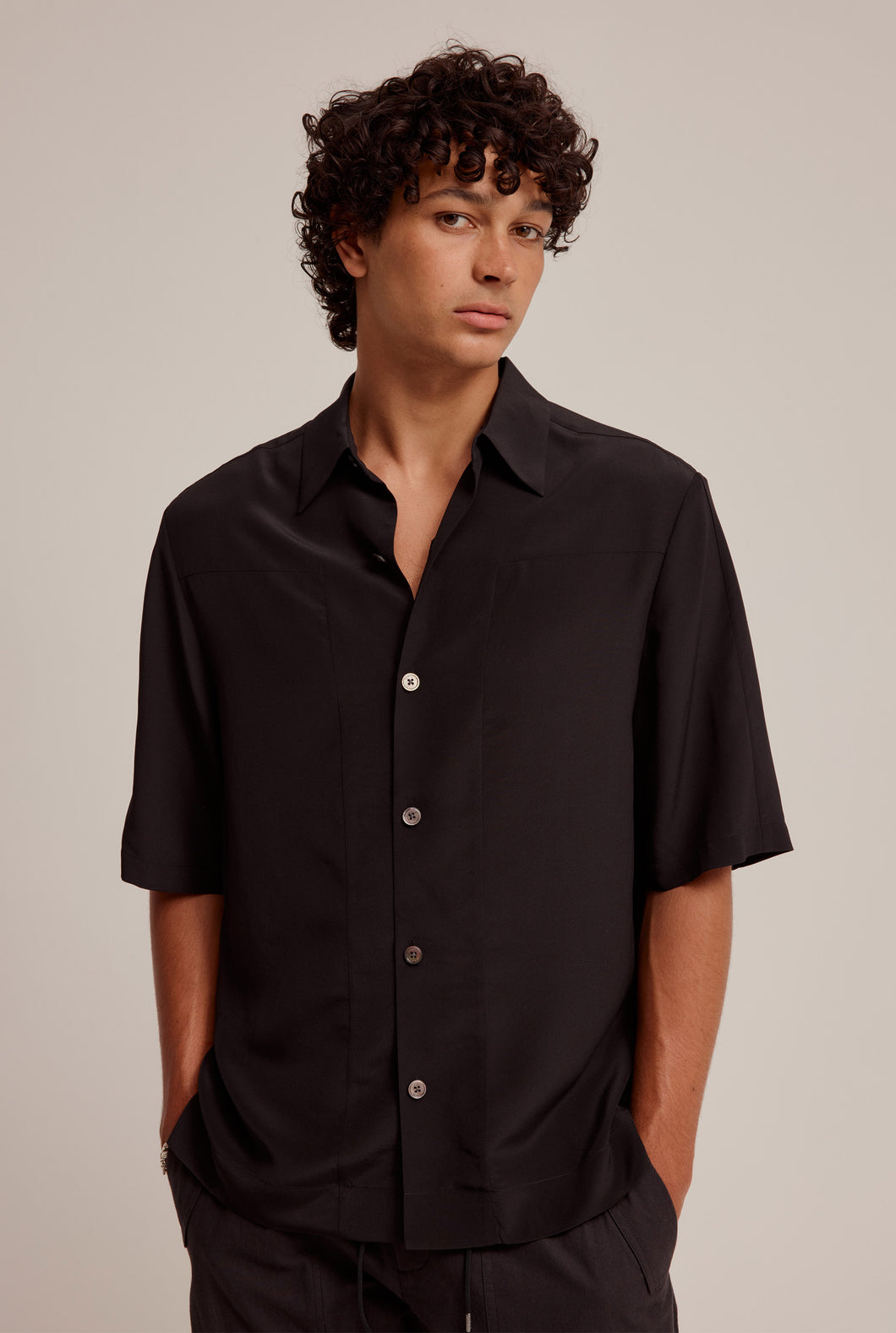 Short Sleeve Silk Panelled Shirt - Black