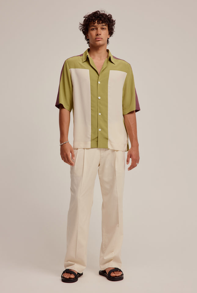 Short Sleeve Silk Panelled Shirt - Moss Green/Antique White/Huckleberry