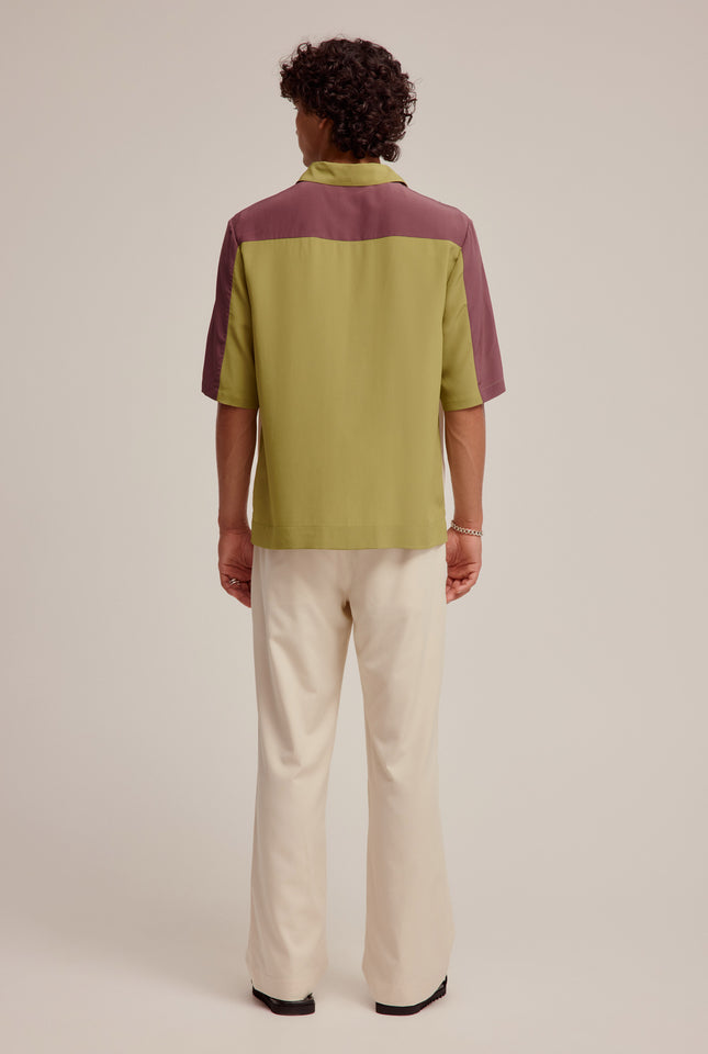 Short Sleeve Silk Panelled Shirt - Moss Green/Antique White/Huckleberry