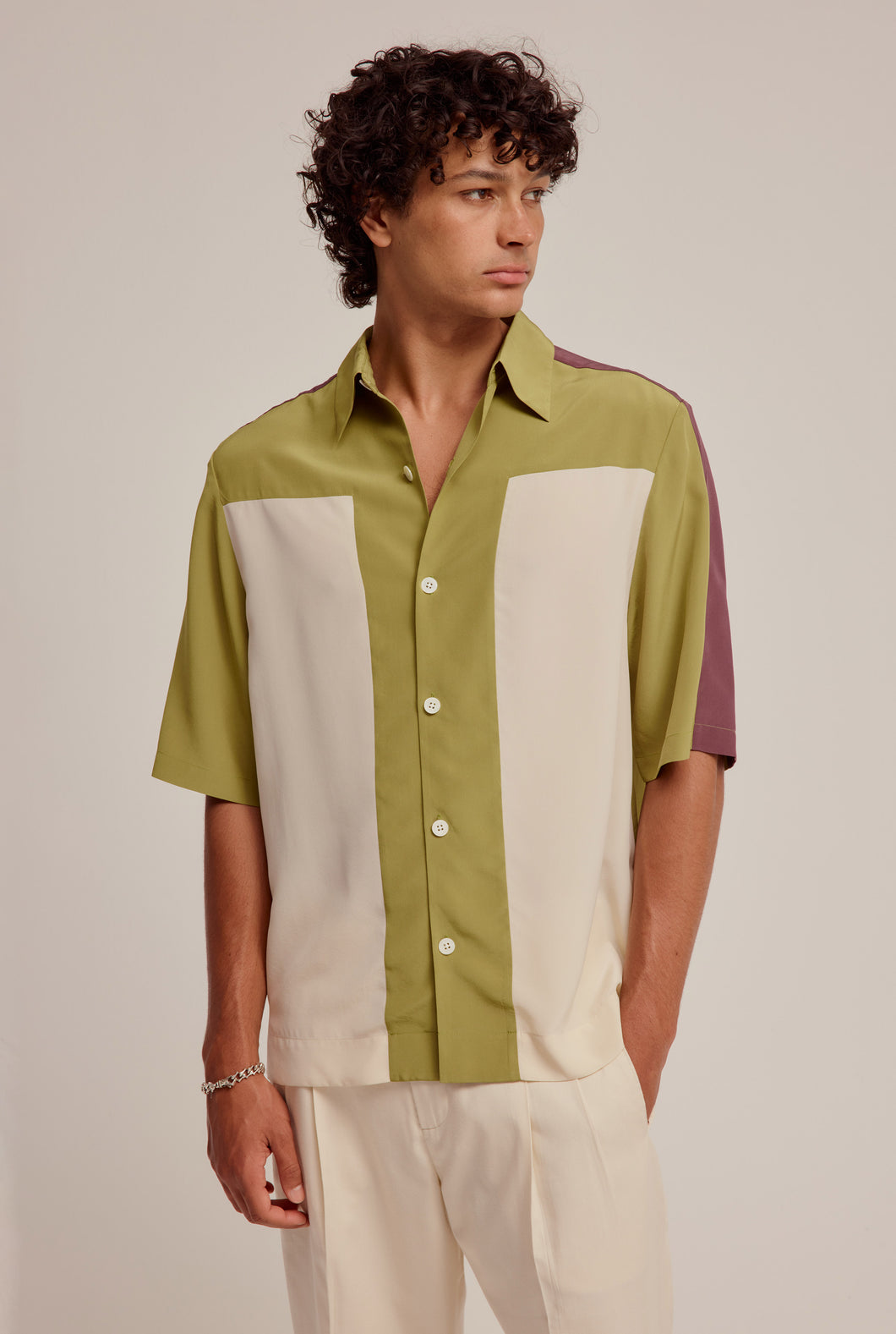 Short Sleeve Silk Panelled Shirt - Moss Green/Antique White/Huckleberry