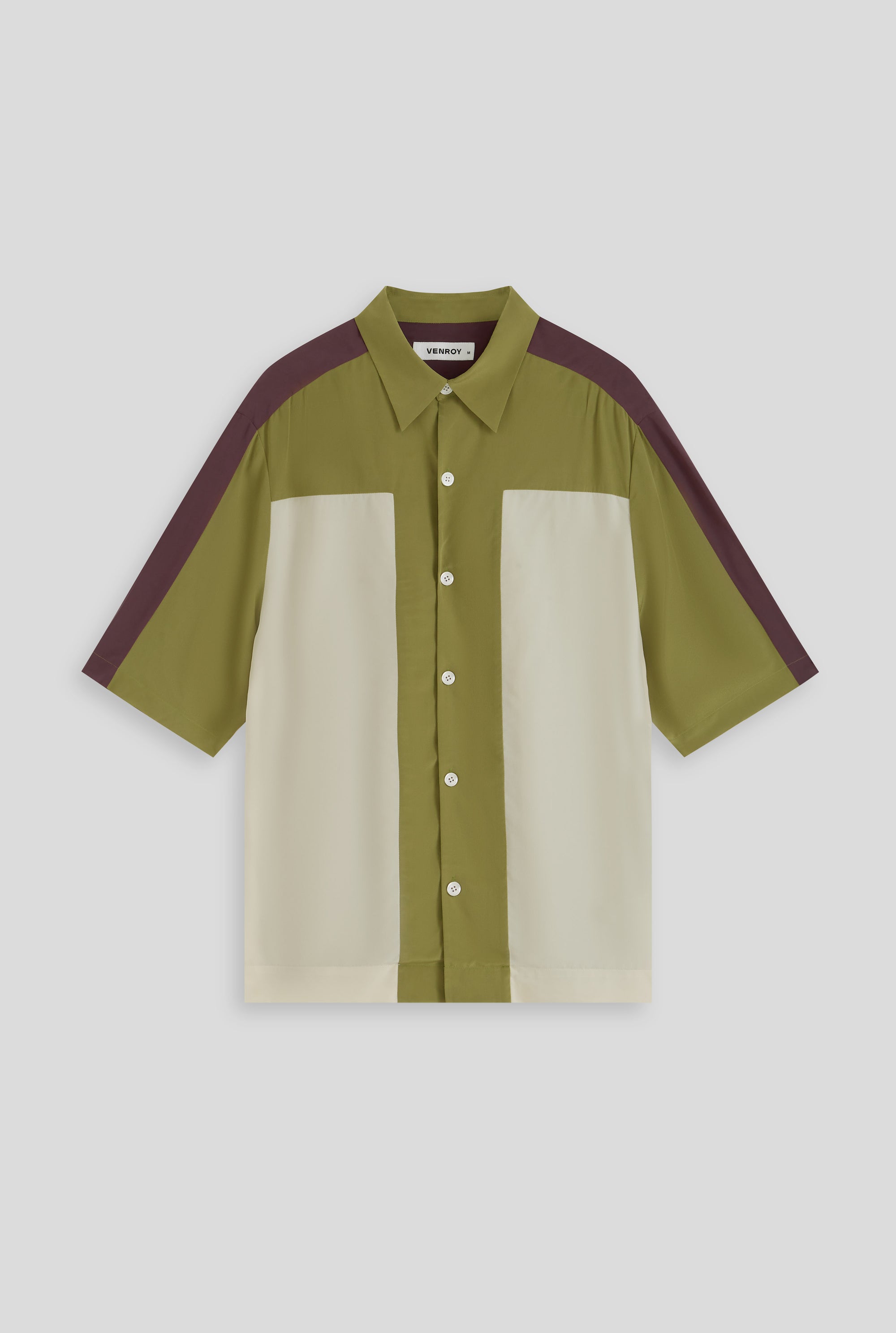 Short Sleeve Silk Panelled Shirt - Moss Green/Antique White/Huckleberry