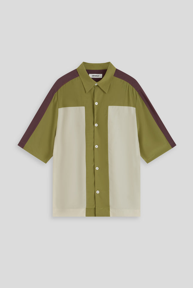 Short Sleeve Silk Panelled Shirt - Moss Green/Antique White/Huckleberry