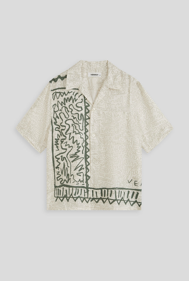 Silk Boxy Camp Collar Shirt - Cream/Sage Venroy Squiggle