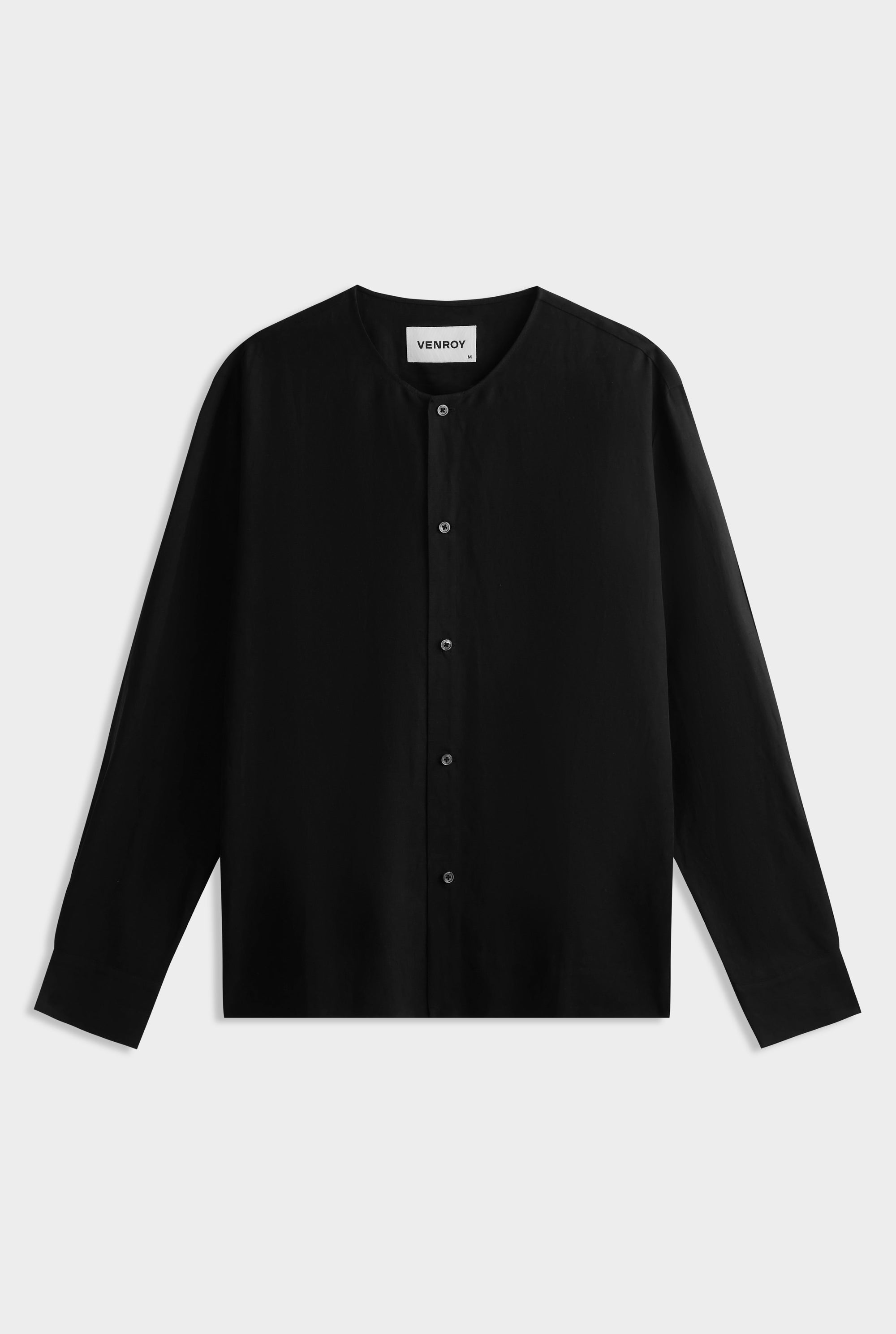 Long Sleeve Silk Linen Collar Short Sleeve Shirt - Black