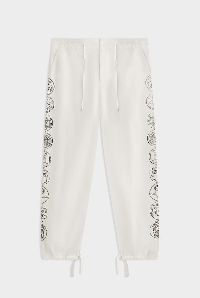 Printed Cotton Paperbag Trouser - Off White Grecian Coins