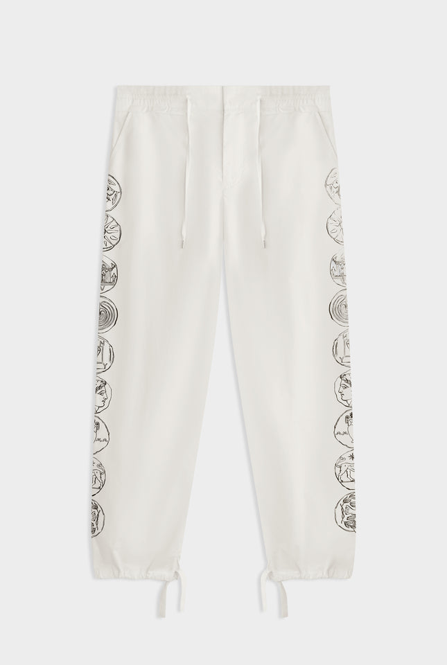 Printed Cotton Paperbag Trouser - Off White Grecian Coins