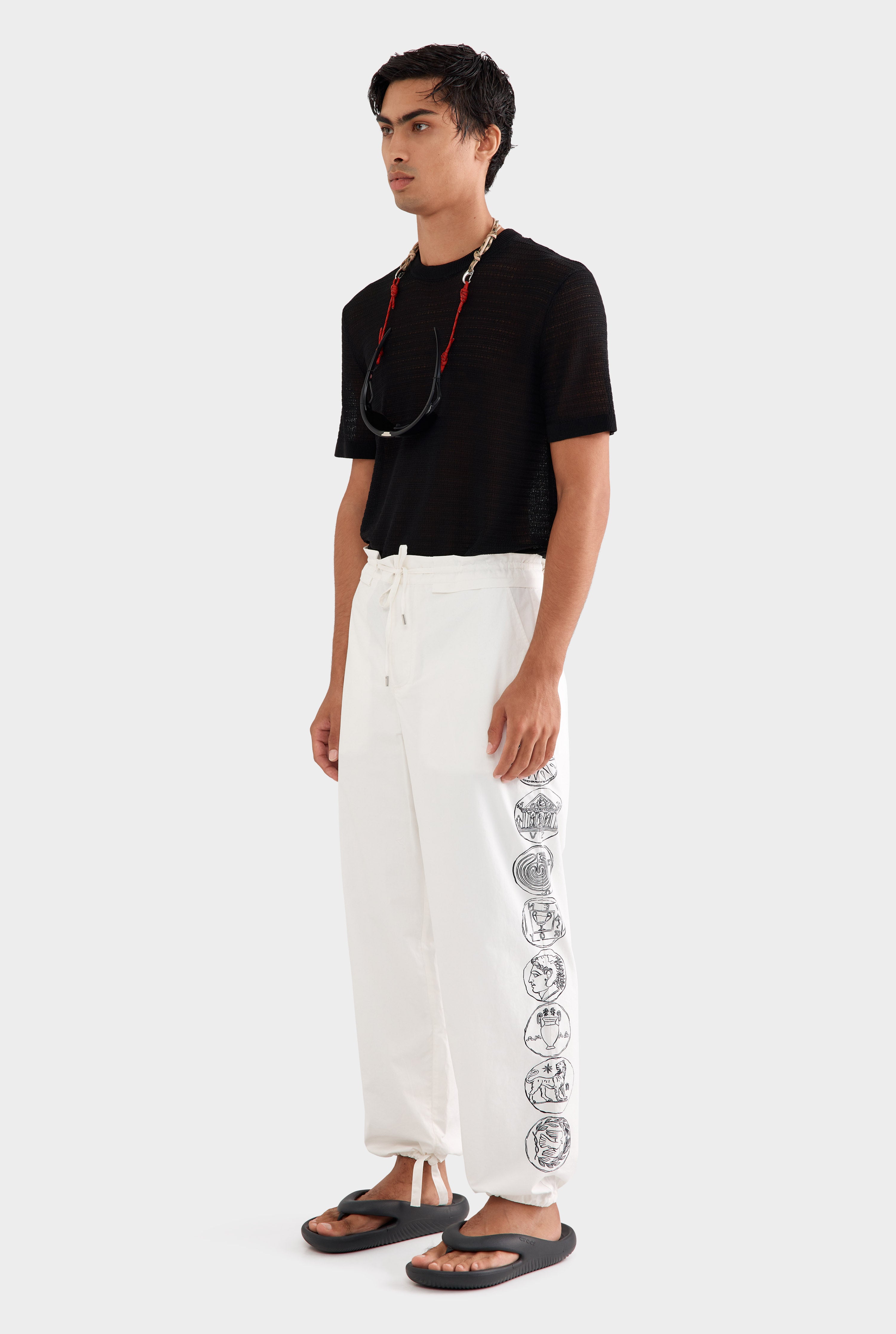 Printed Cotton Paperbag Trouser - Off White Grecian Coins