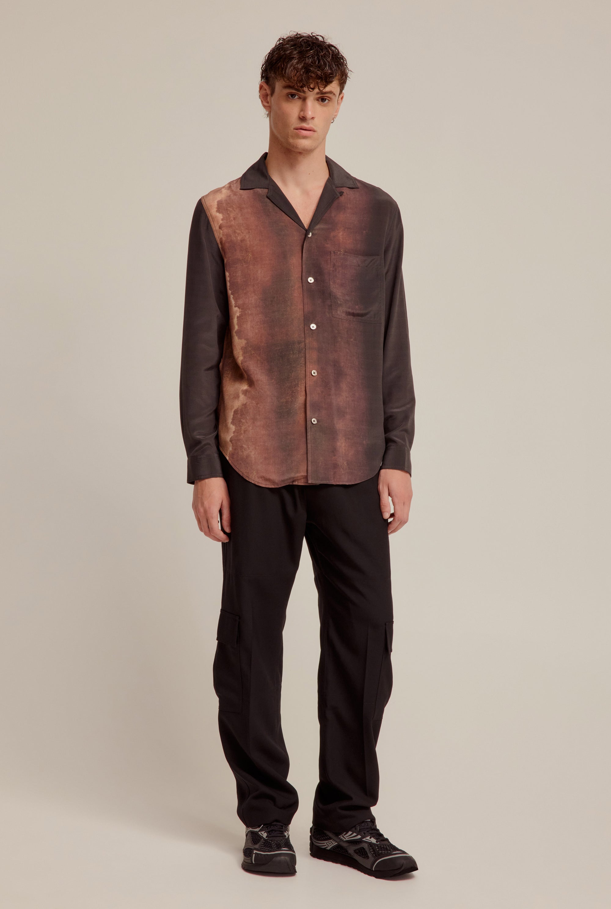 Printed Long Sleeve Camp Collar Shirt - Dark Dye Border