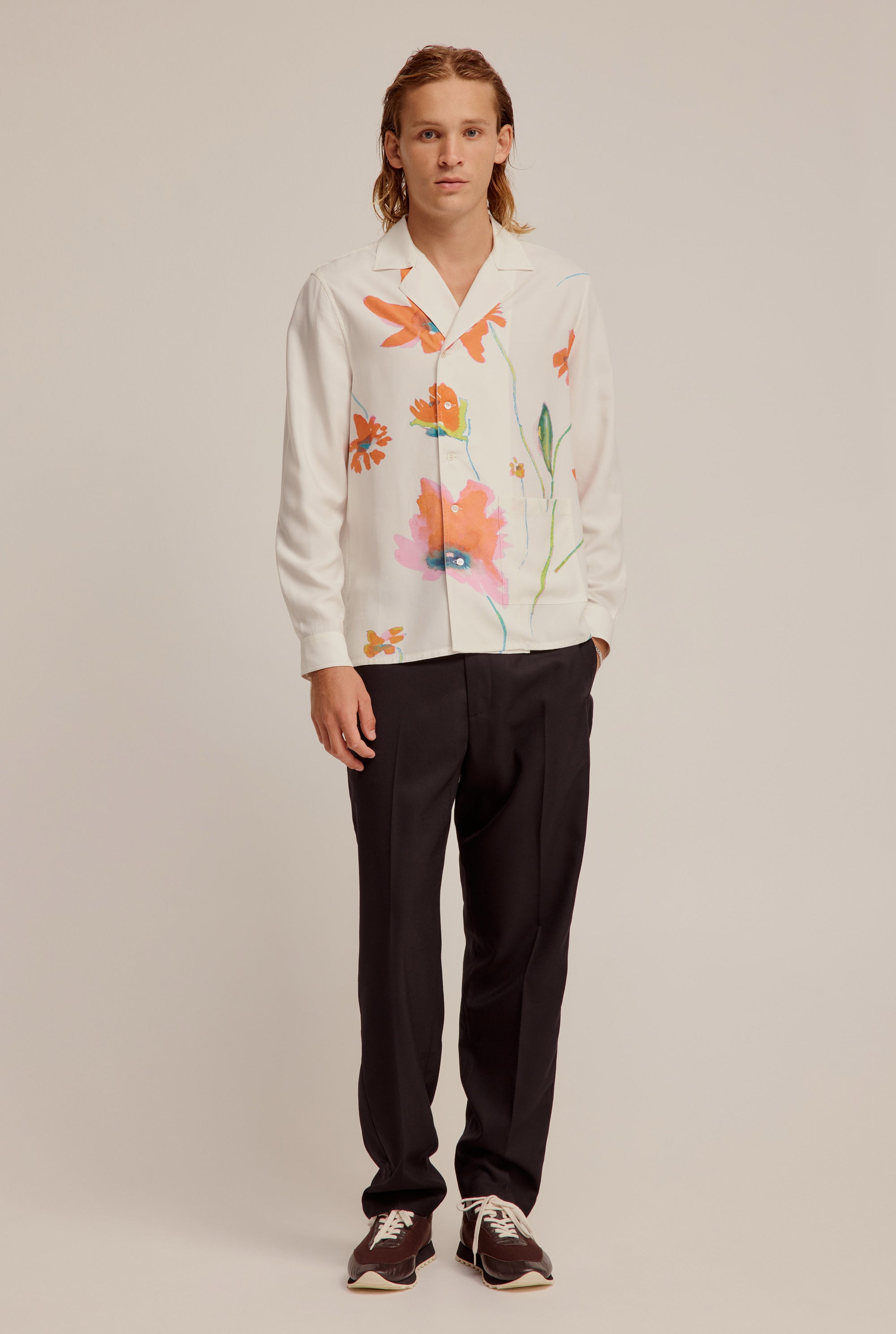 Printed Long Sleeve Double Breasted Shirt - Cream Ikebana Floral