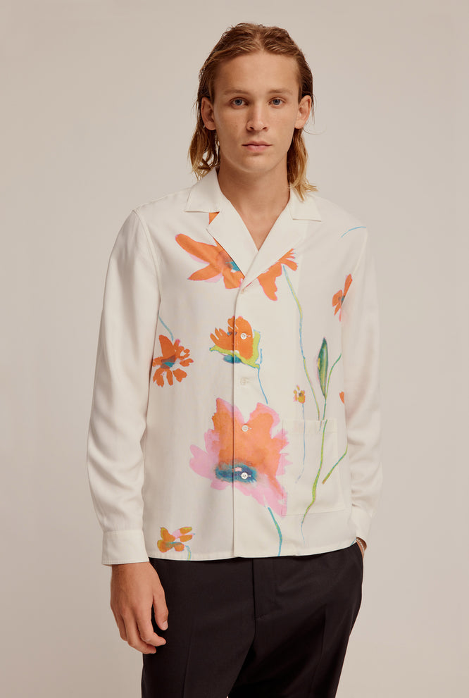 Printed Long Sleeve Double Breasted Shirt - Cream Ikebana Floral