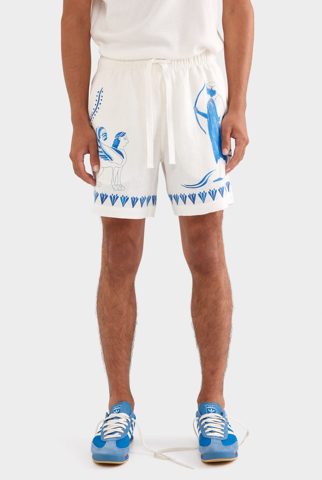 Printed Lounge Short - Off White/Blue Ceramic Scene