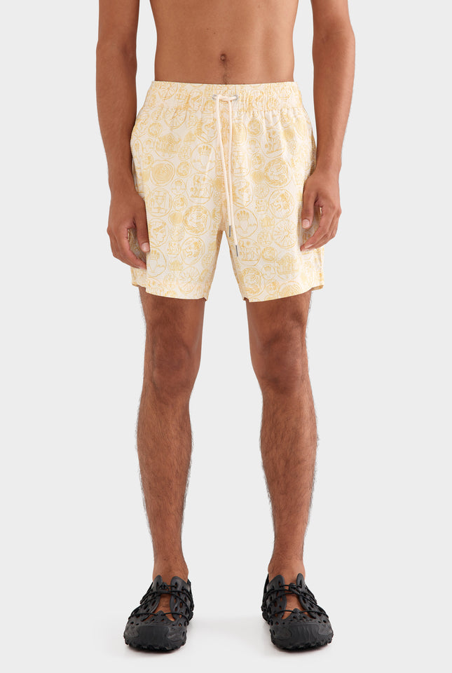 Printed Swim Short - Off White Grecian Coins