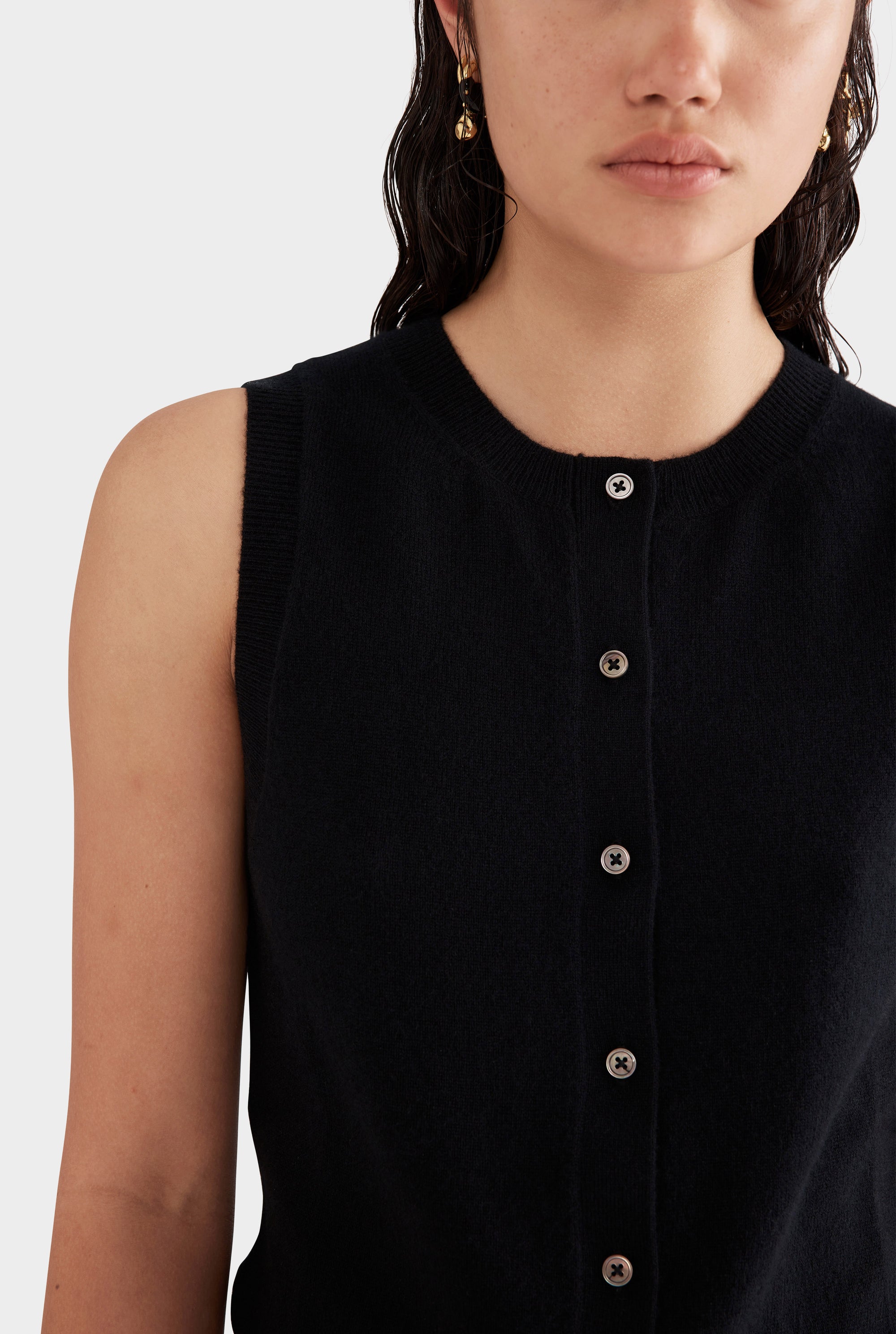 Cashmere Button Tank - Black