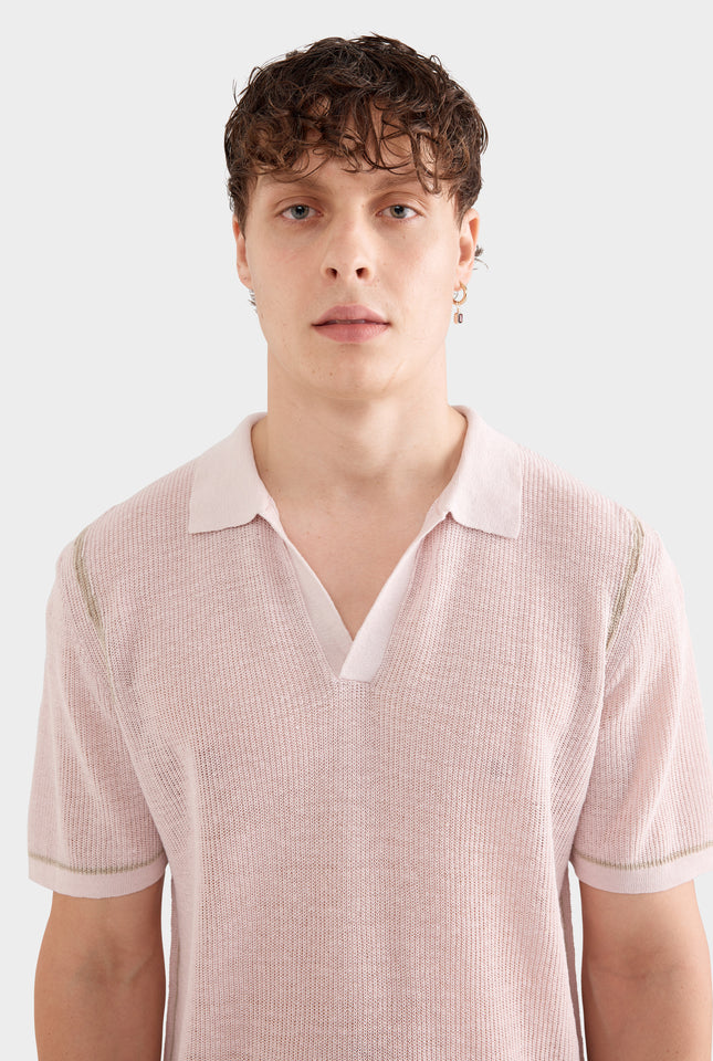 Rib Knit Open Neck Polo - Grey Lilac/Taupe