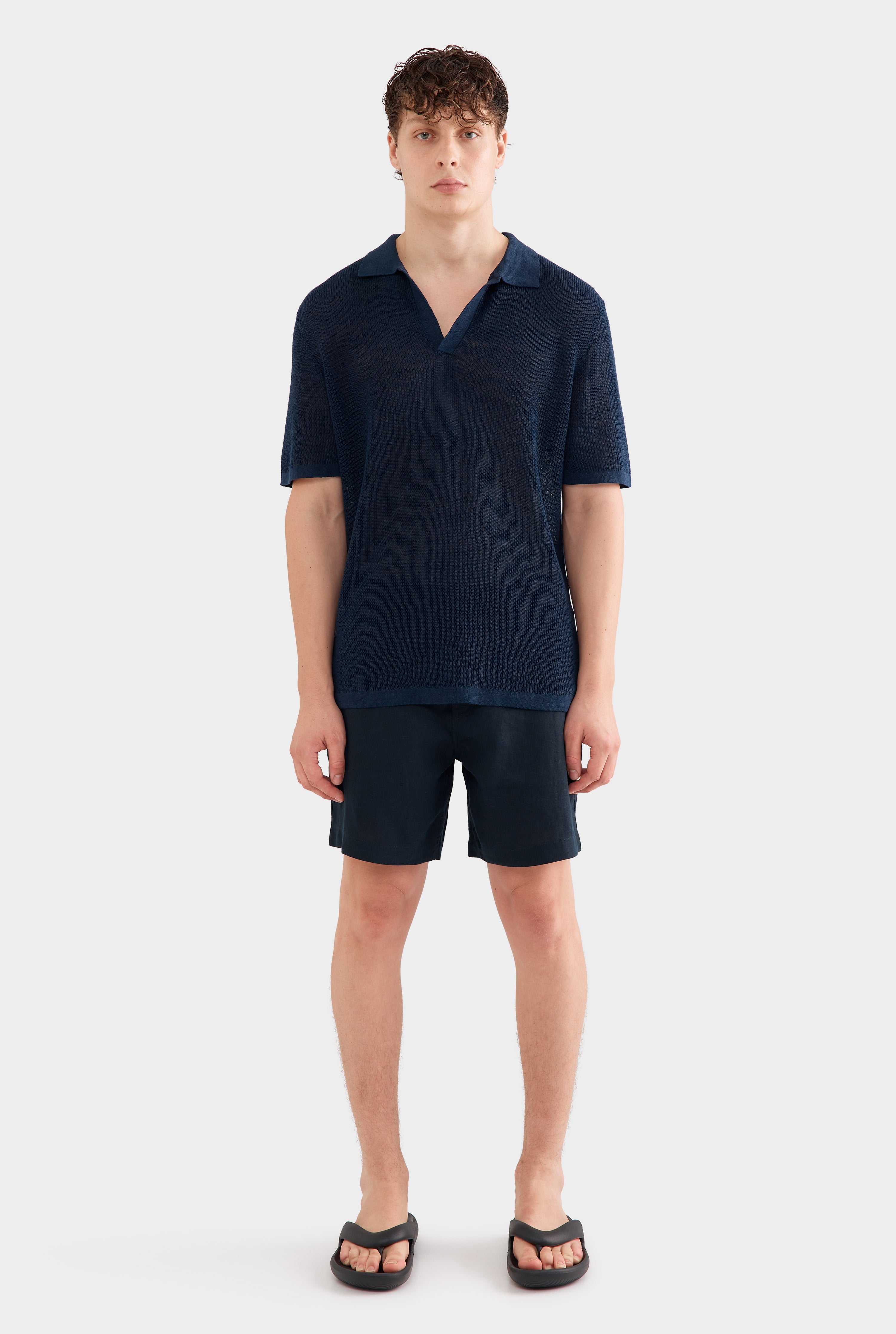 Rib Knit Open Neck Polo - Navy