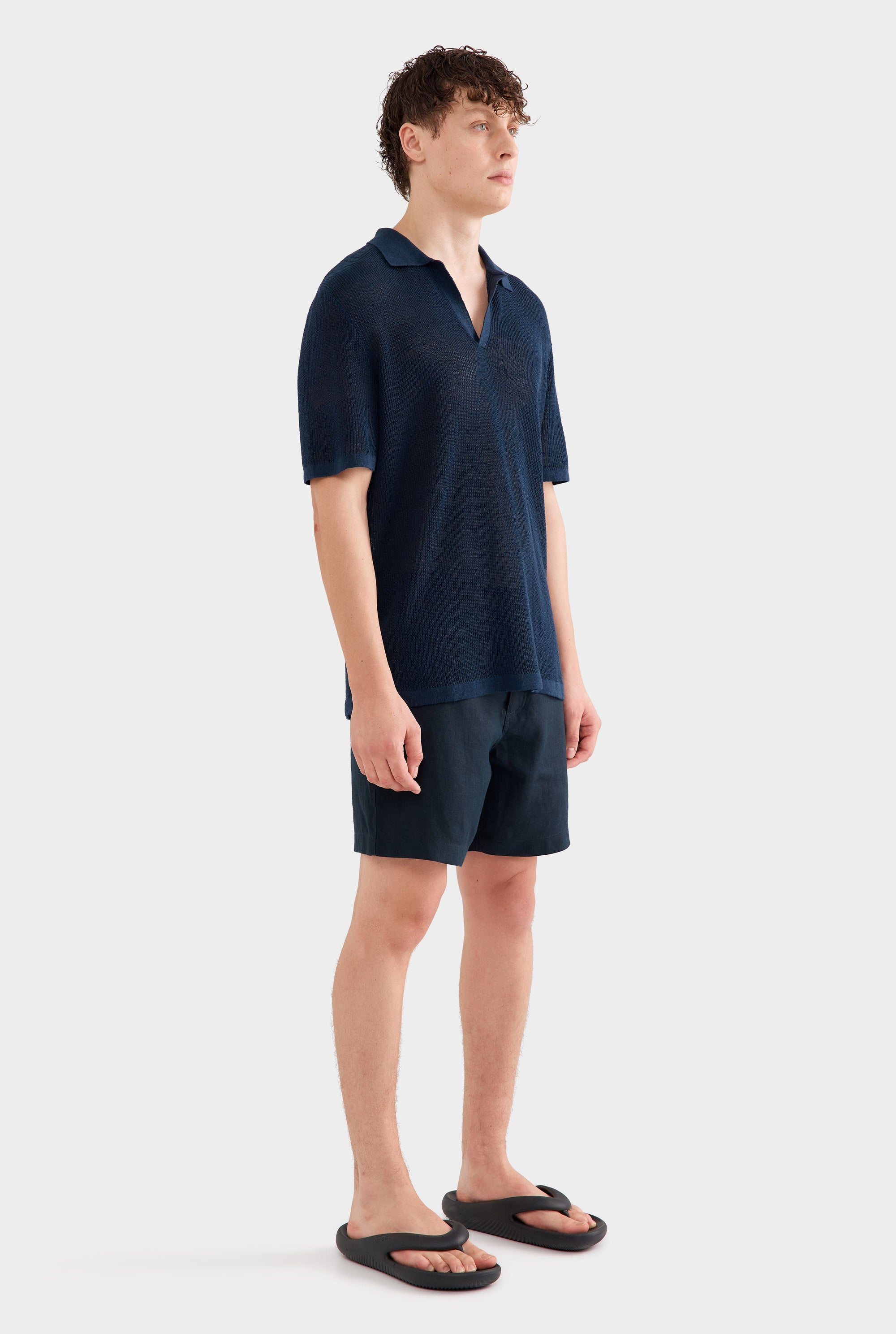 Rib Knit Open Neck Polo - Navy