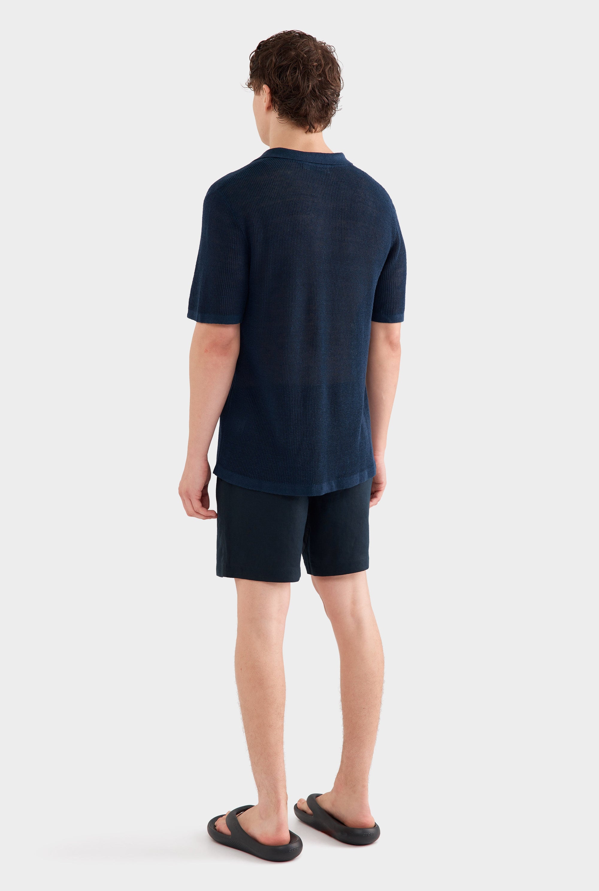 Rib Knit Open Neck Polo - Navy