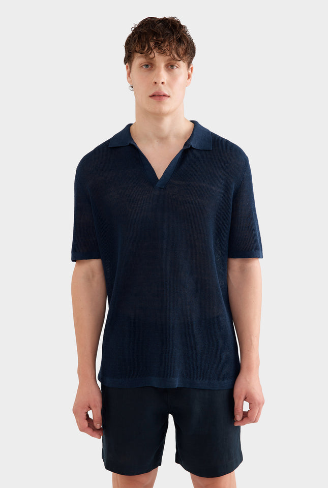 Rib Knit Open Neck Polo - Navy