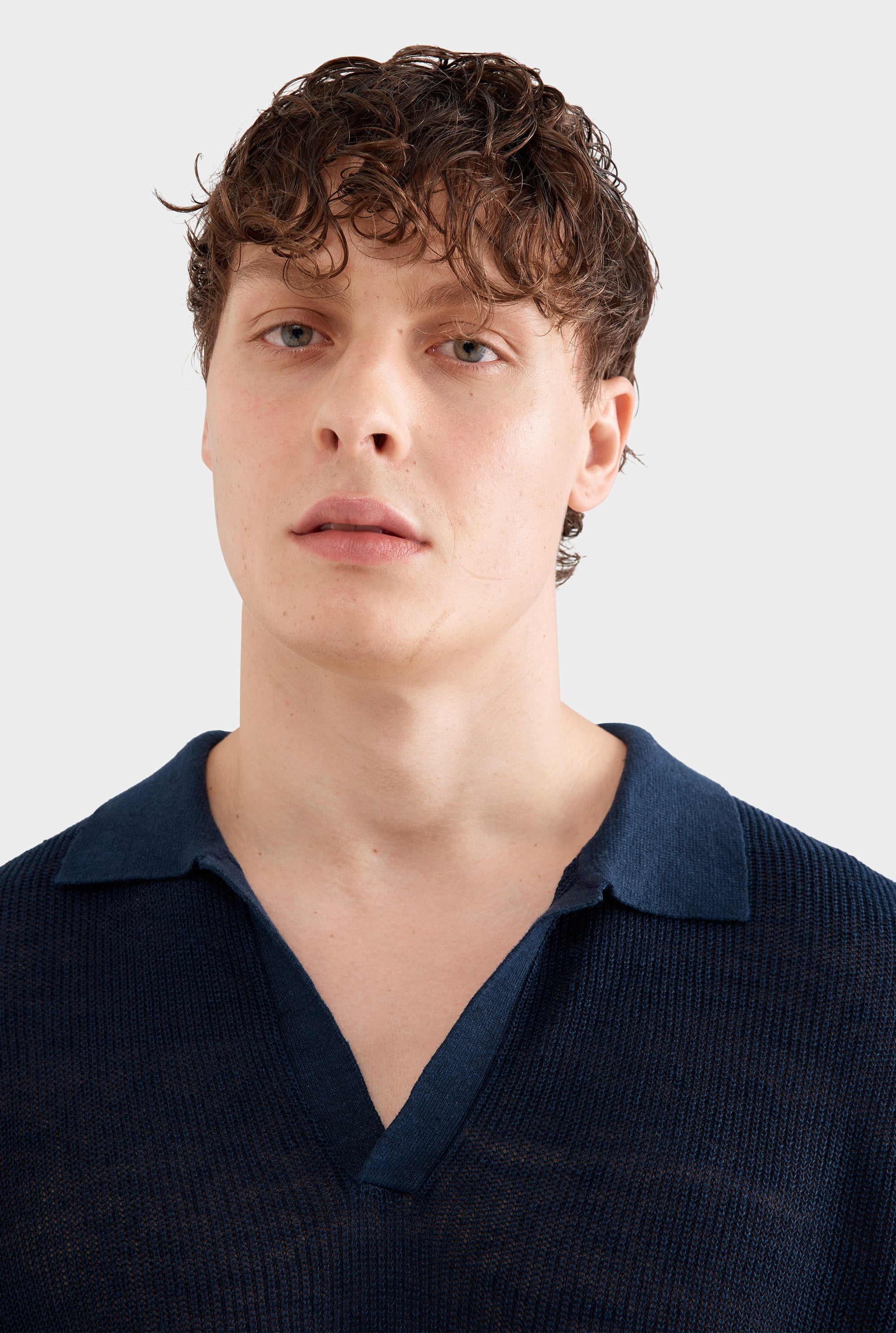 Rib Knit Open Neck Polo - Navy