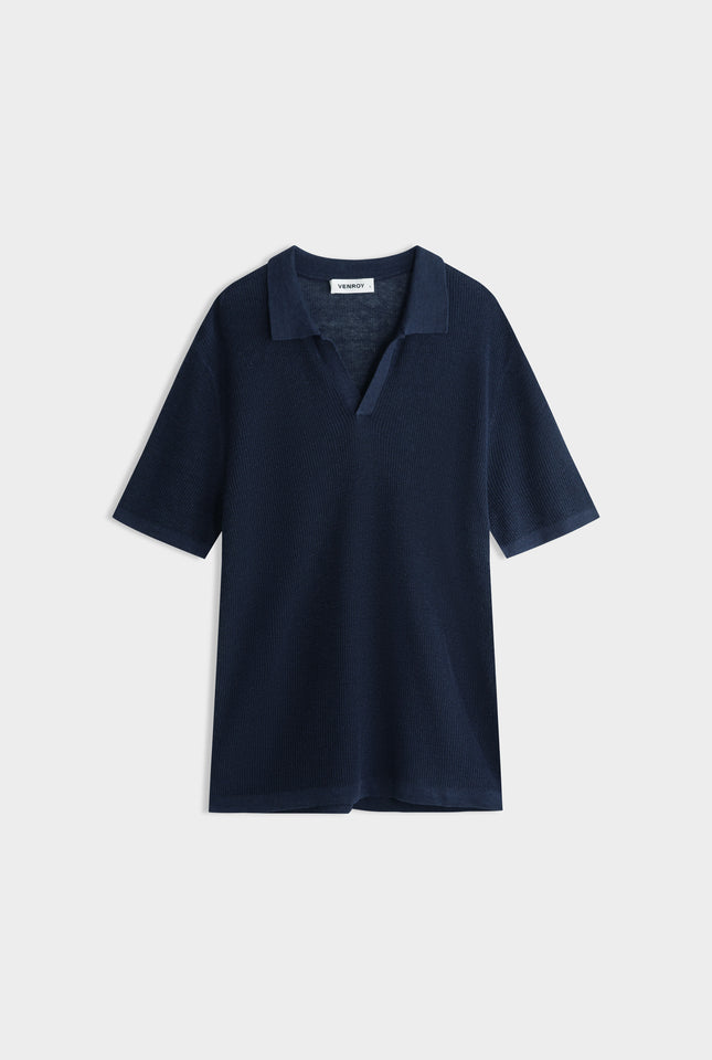 Rib Knit Open Neck Polo - Navy