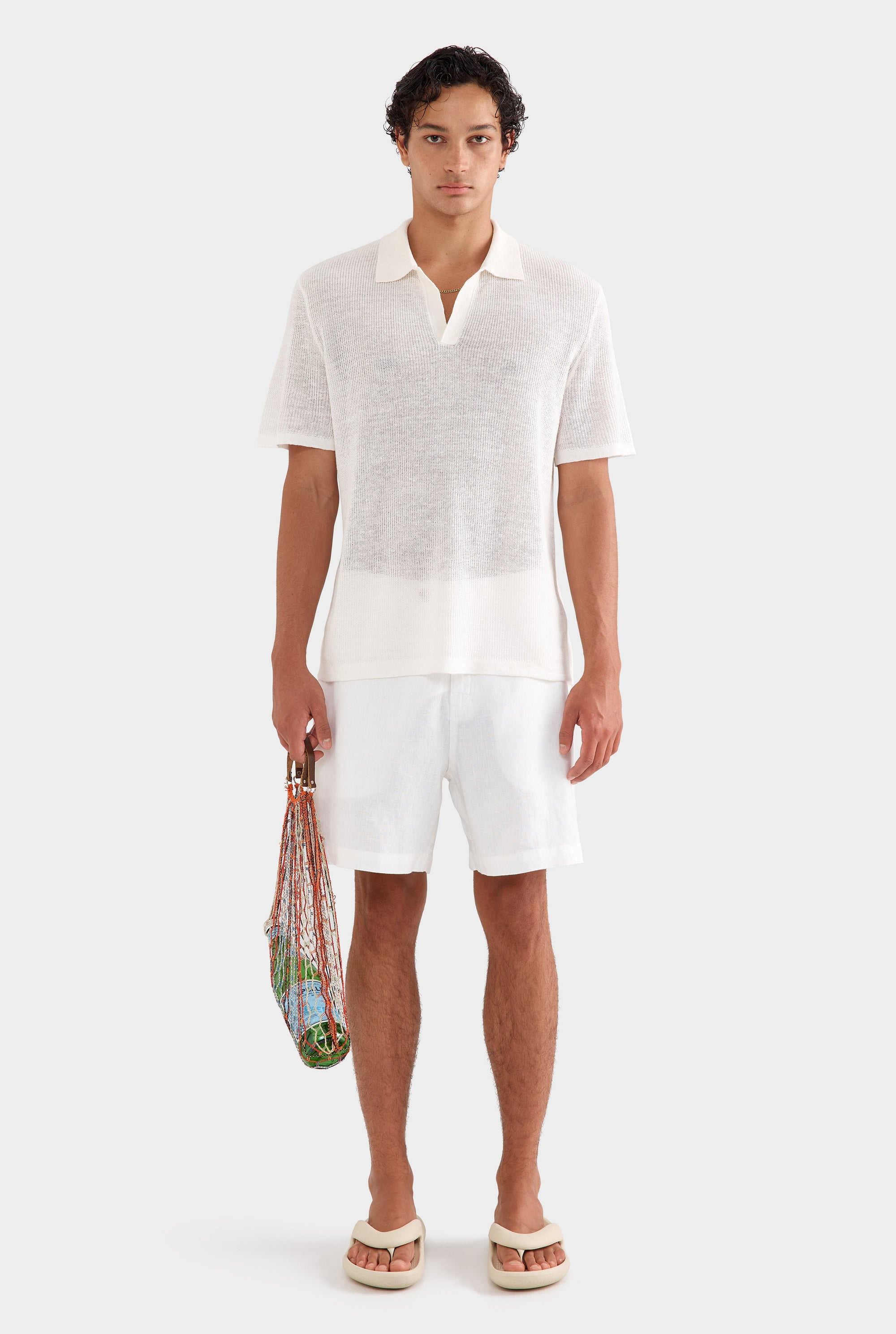 Rib Knit Open Neck Polo - Off White