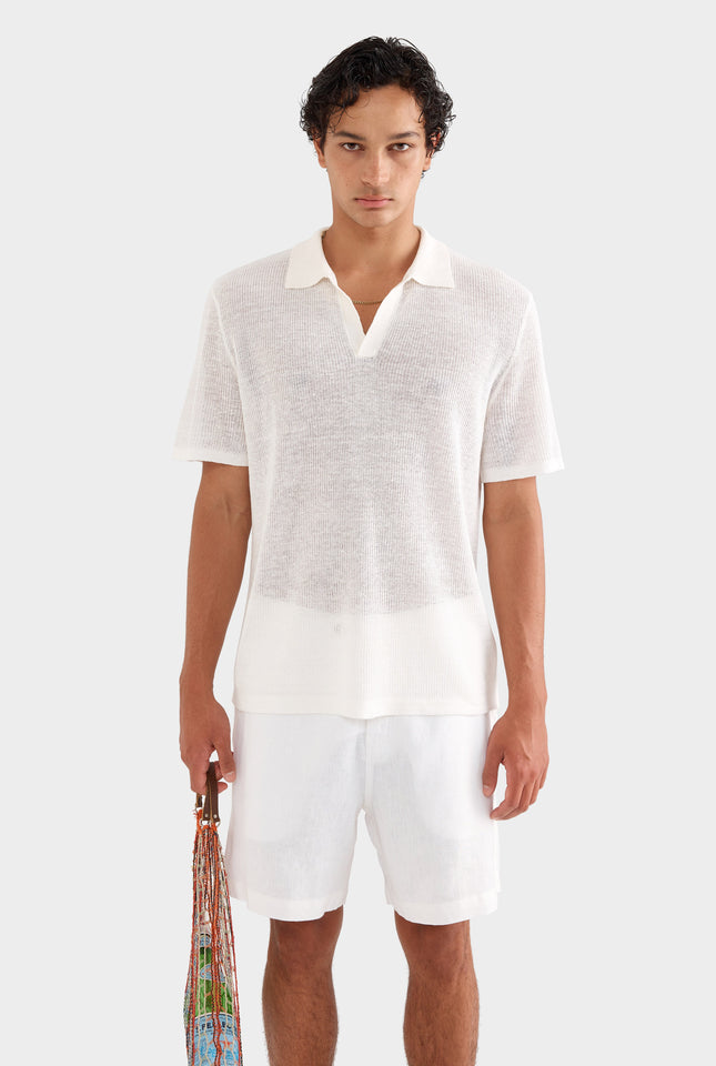 Rib Knit Open Neck Polo - Off White